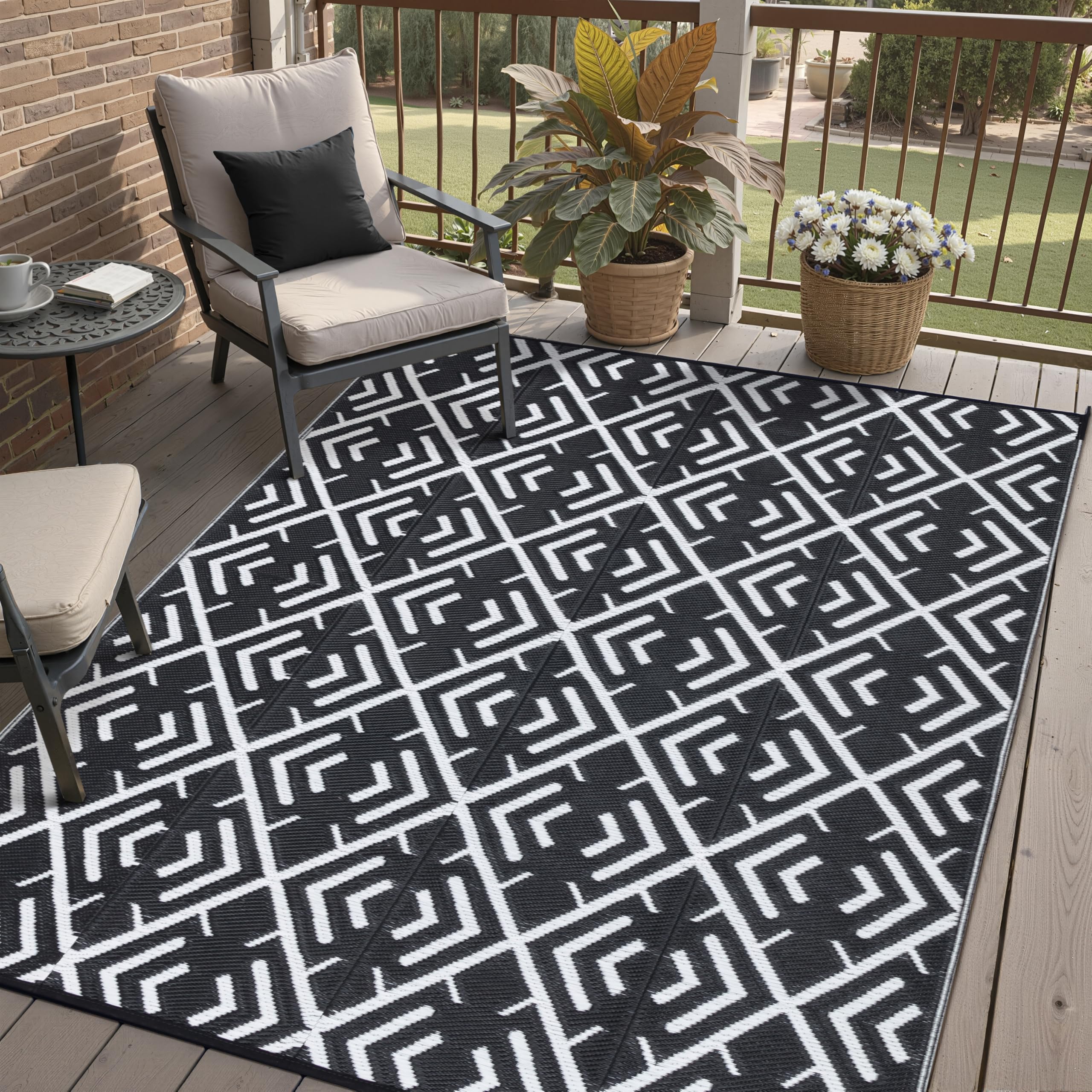 HUGEAR Outdoor Rug for Patios Clearance,Waterproof Mat,Large Outside Carpet,Reversible Plastic Straw Camping Rugs,Rv,Porch,Deck,Camper,Balcony,Backyard (9x12,Checkered/Black&Beige)