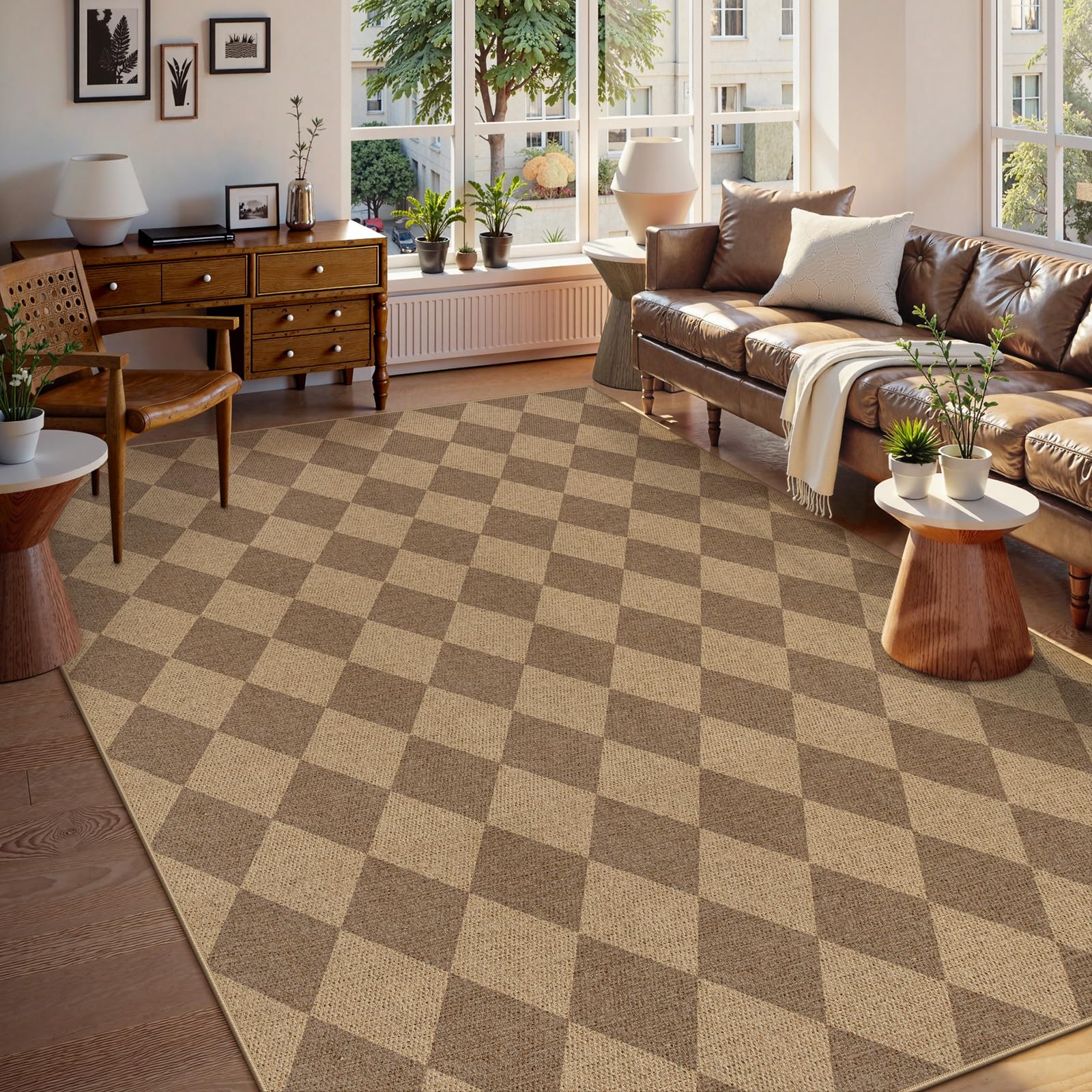 Lahome Checkered Easy Jute 5x7 Area Rugs, Washable Outdoor Patio Rug for Living Room Diamond Indoor Outdoor Carpet, Farmhouse Geometric Non Slip Black Carpet for Backyard Dining Room