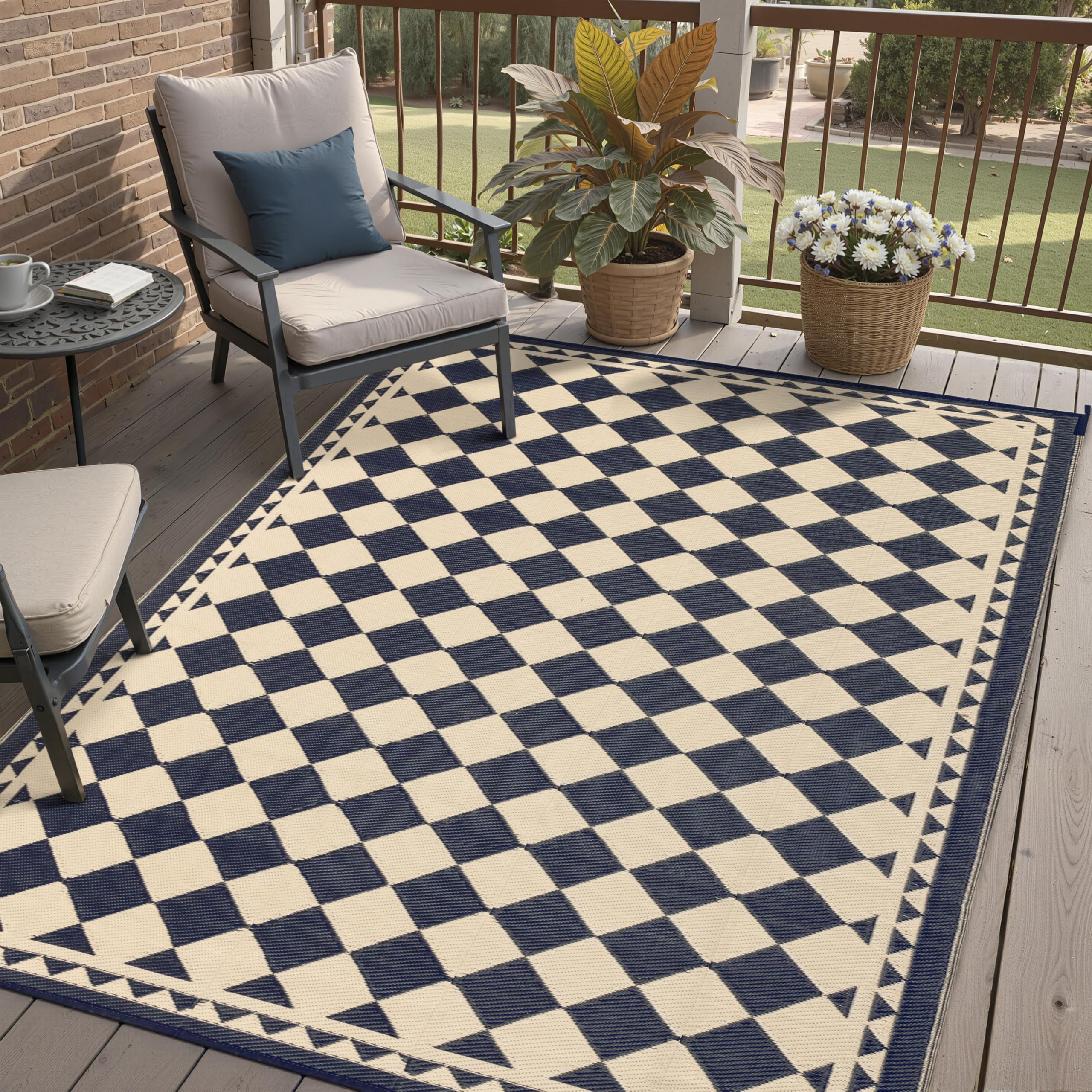 HUGEAR Outdoor Rug for Patios Clearance,Waterproof Mat,Large Outside Carpet,Reversible Plastic Straw Camping Rugs,Rv,Porch,Deck,Camper,Balcony,Backyard (9x12,Checkered/Black&Beige)