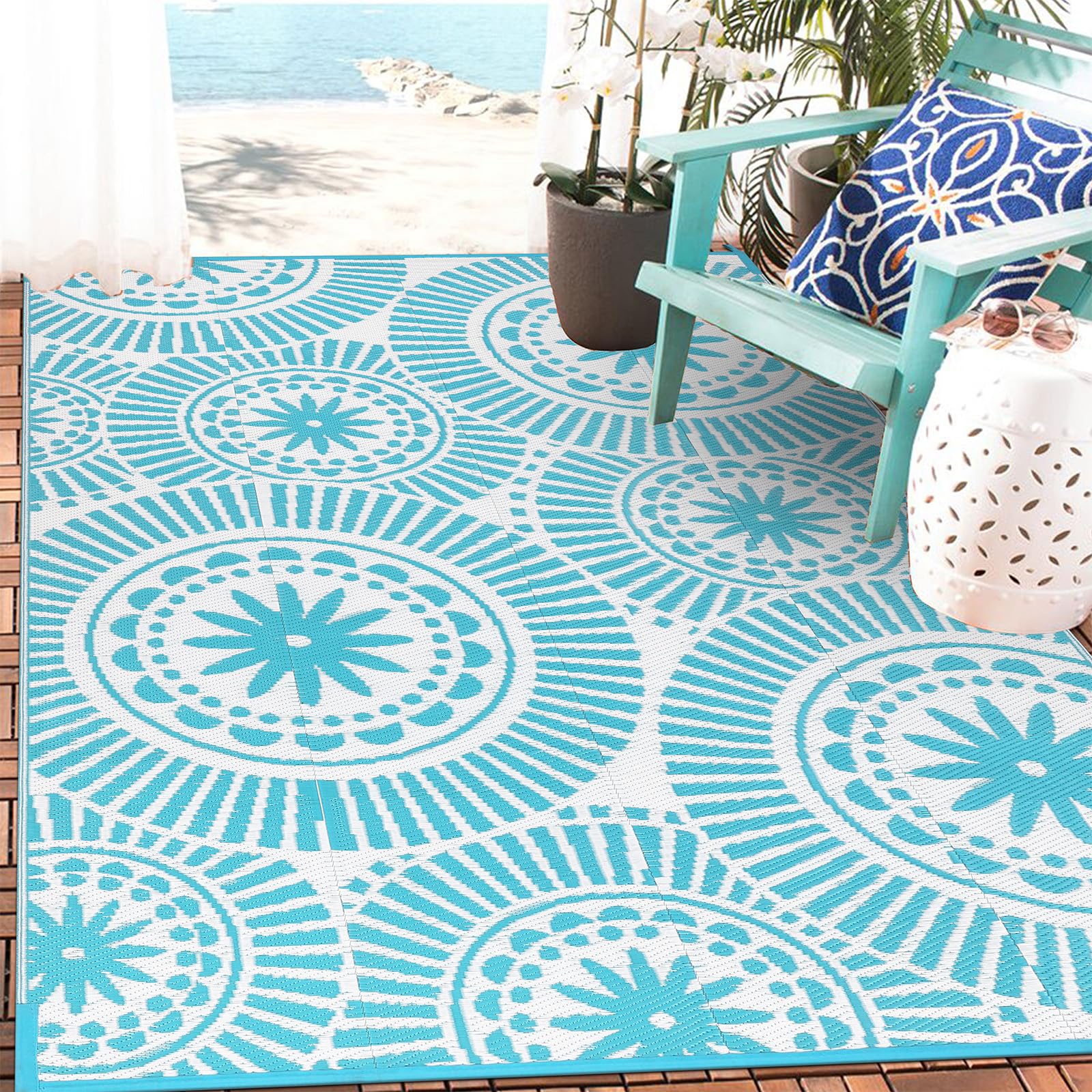 Ileading Reversible Plastic Outdoor Rug Modern Geometric Style Patio Straw Mat Waterproof Deck Carpets Non Shedding Portable Area Rugs for RV Beach Backyard Outside Pool Picnic Camping(6'x9'Grey)