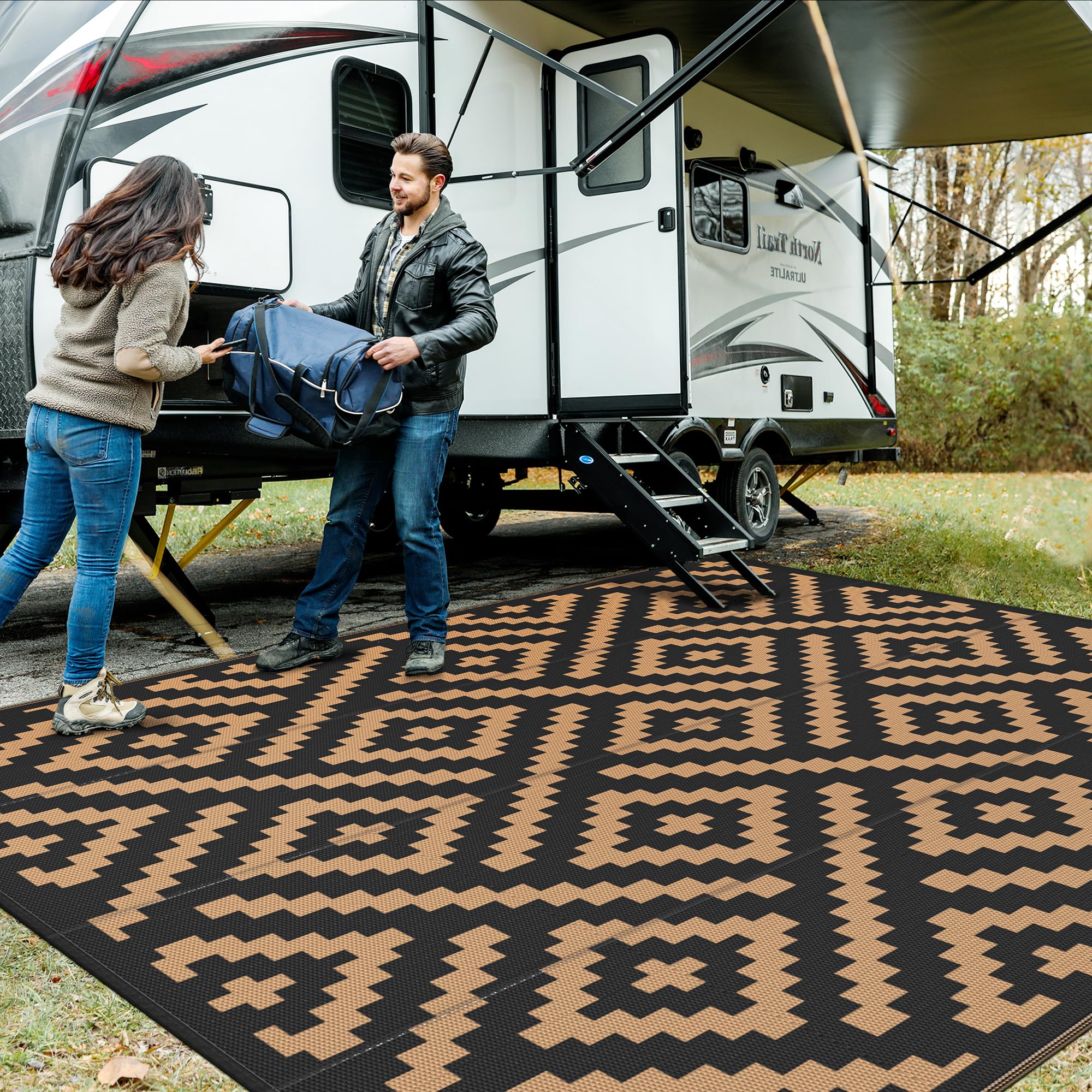 GENIMO 5x8 Outdoor Rug Waterproof, Reversible Mats, Area Rug, Plastic Outside Carpet, Geometric Rv Mat for Patio Camping Rv Picnic Backyard Deck Balcony Porch Beach Trailer (Black & Brown)