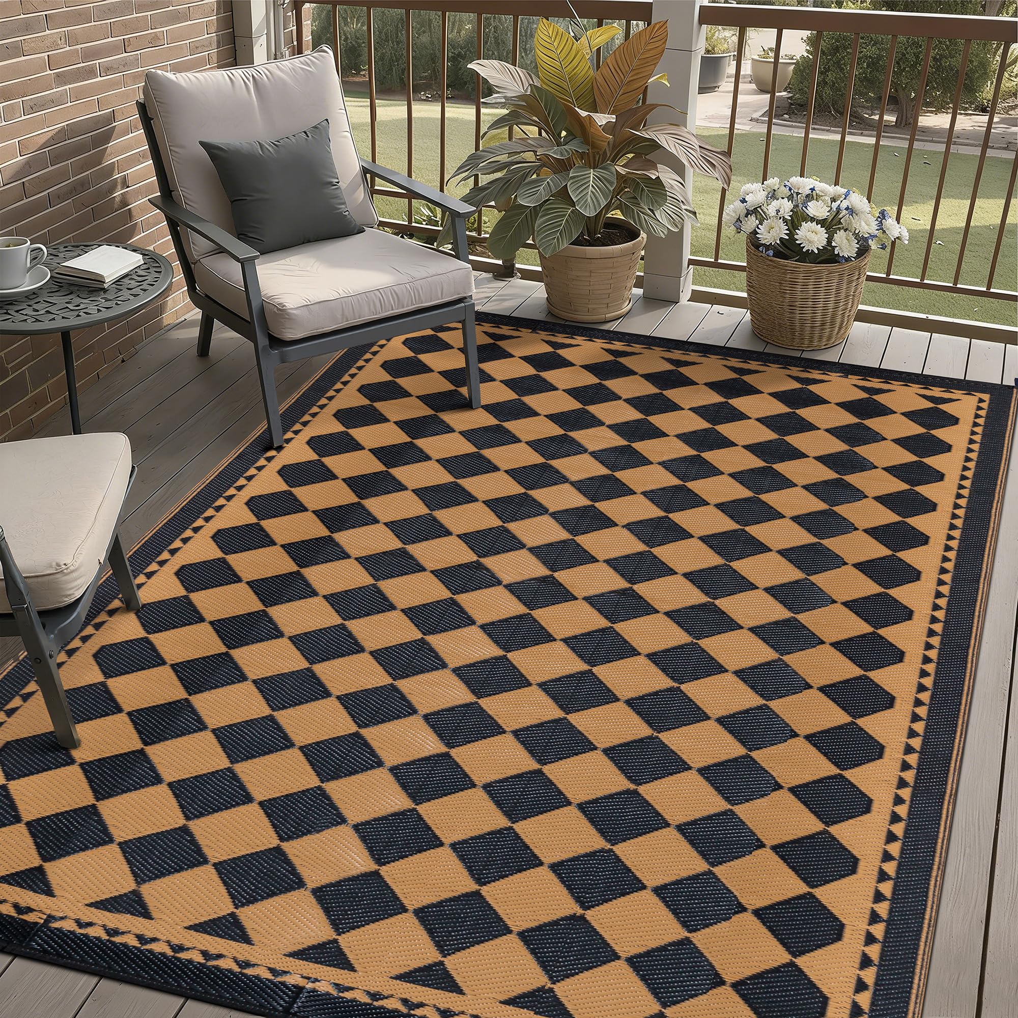 HUGEAR Outdoor Rug for Patios Clearance,Waterproof Mat,Large Outside Carpet,Reversible Plastic Straw Camping Rugs,Rv,Porch,Deck,Camper,Balcony,Backyard (9x12,Checkered/Black&Beige)