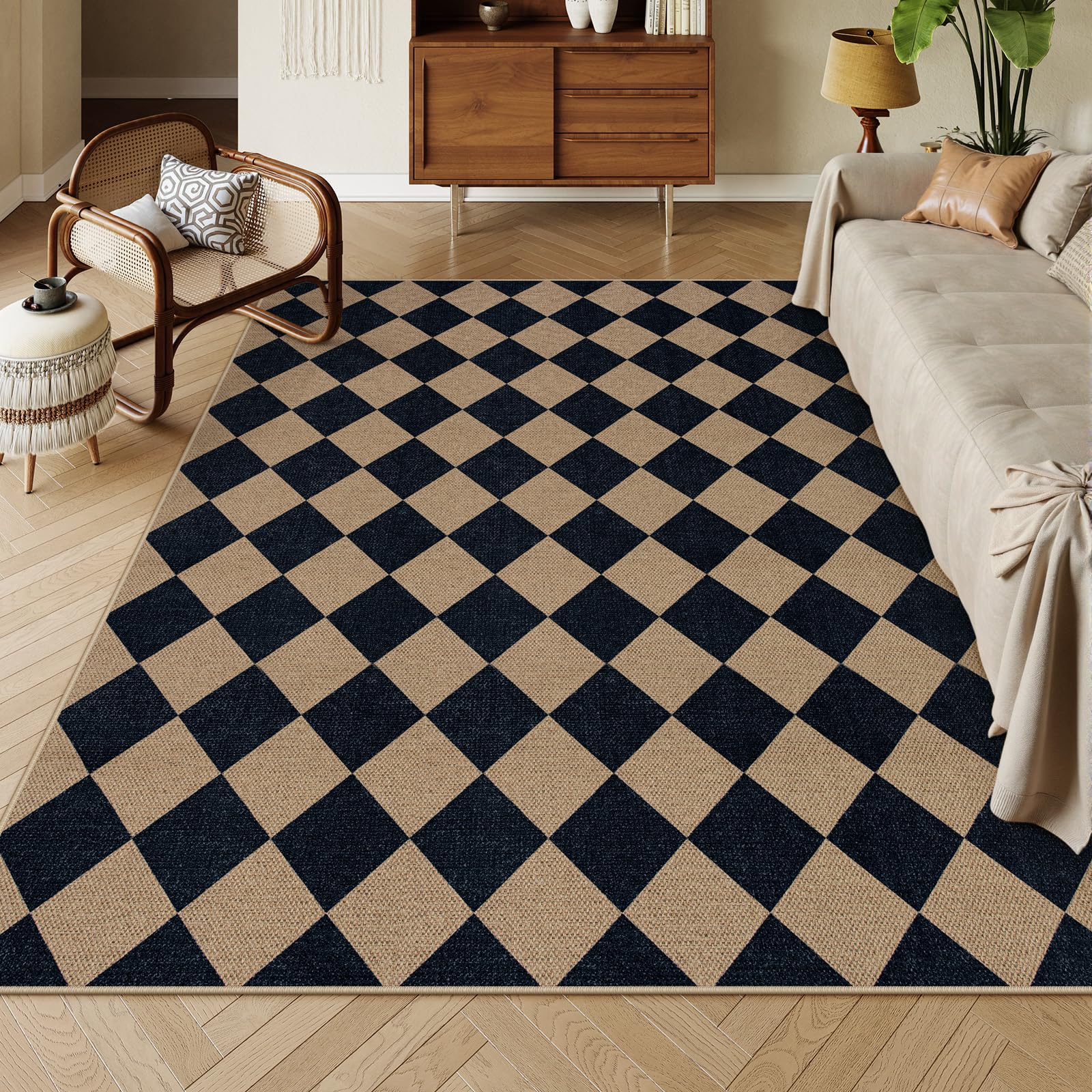Lahome Checkered Easy Jute 5x7 Area Rugs, Washable Outdoor Patio Rug for Living Room Diamond Indoor Outdoor Carpet, Farmhouse Geometric Non Slip Black Carpet for Backyard Dining Room