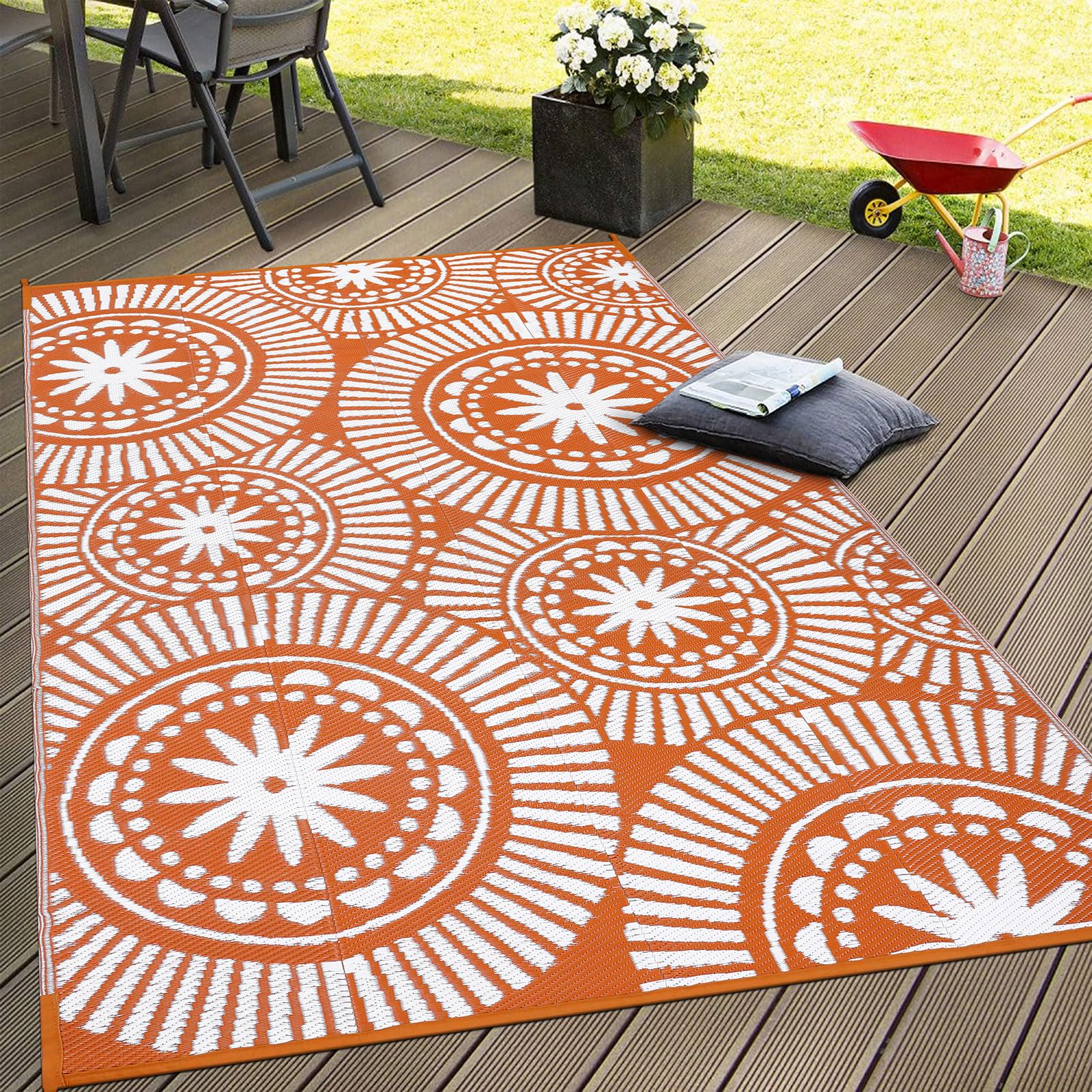 Ileading Reversible Plastic Outdoor Rug Modern Geometric Style Patio Straw Mat Waterproof Deck Carpets Non Shedding Portable Area Rugs for RV Beach Backyard Outside Pool Picnic Camping(6'x9'Grey)