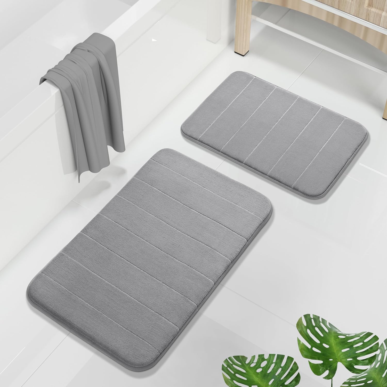 Yimobra Memory Foam Bathroom Rugs Sets 2 Piece - Super Soft Absorbent Quick Dry Bath Mat Set, Machine Washable Non Slip Floor Carpet for Tub Shower & Single Sink (17x24 & 31.5x20 Inch, Dark Gray)