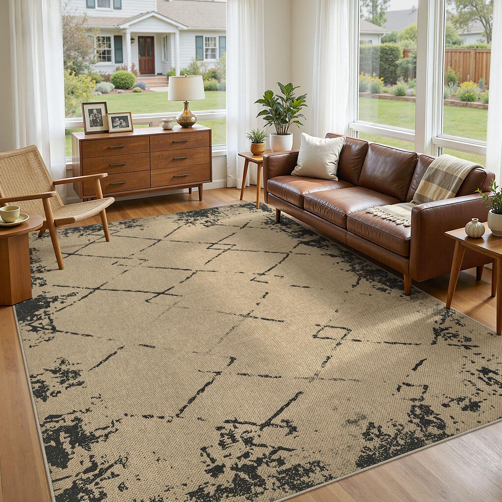 5x7 Outdoor Jute Area Rug Patio, Farmhouse Rugs for Living Room Backyard Machine Washable Non Slip, Pet Friendly Indoor Geometric Carpet for Dining Room - Brown