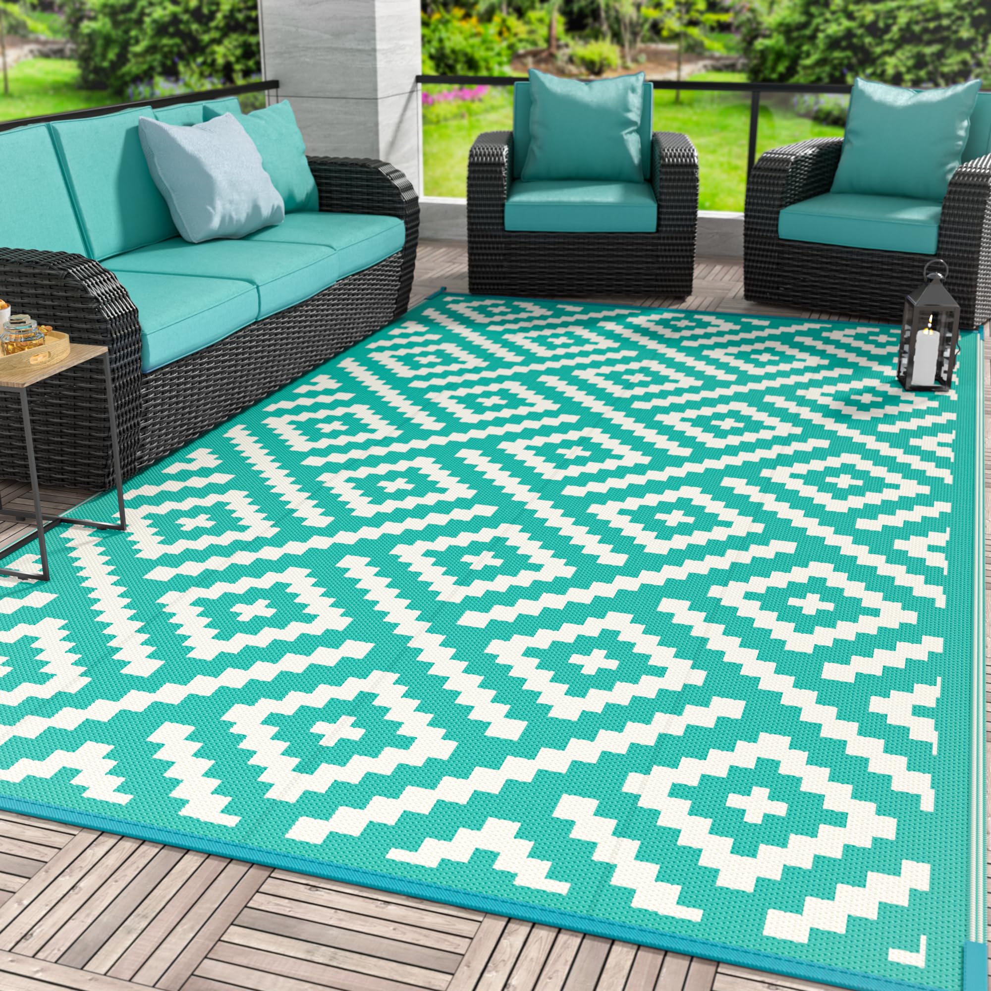 GENIMO 5x8 Outdoor Rug Waterproof, Reversible Mats, Area Rug, Plastic Outside Carpet, Geometric Rv Mat for Patio Camping Rv Picnic Backyard Deck Balcony Porch Beach Trailer (Black & Brown)