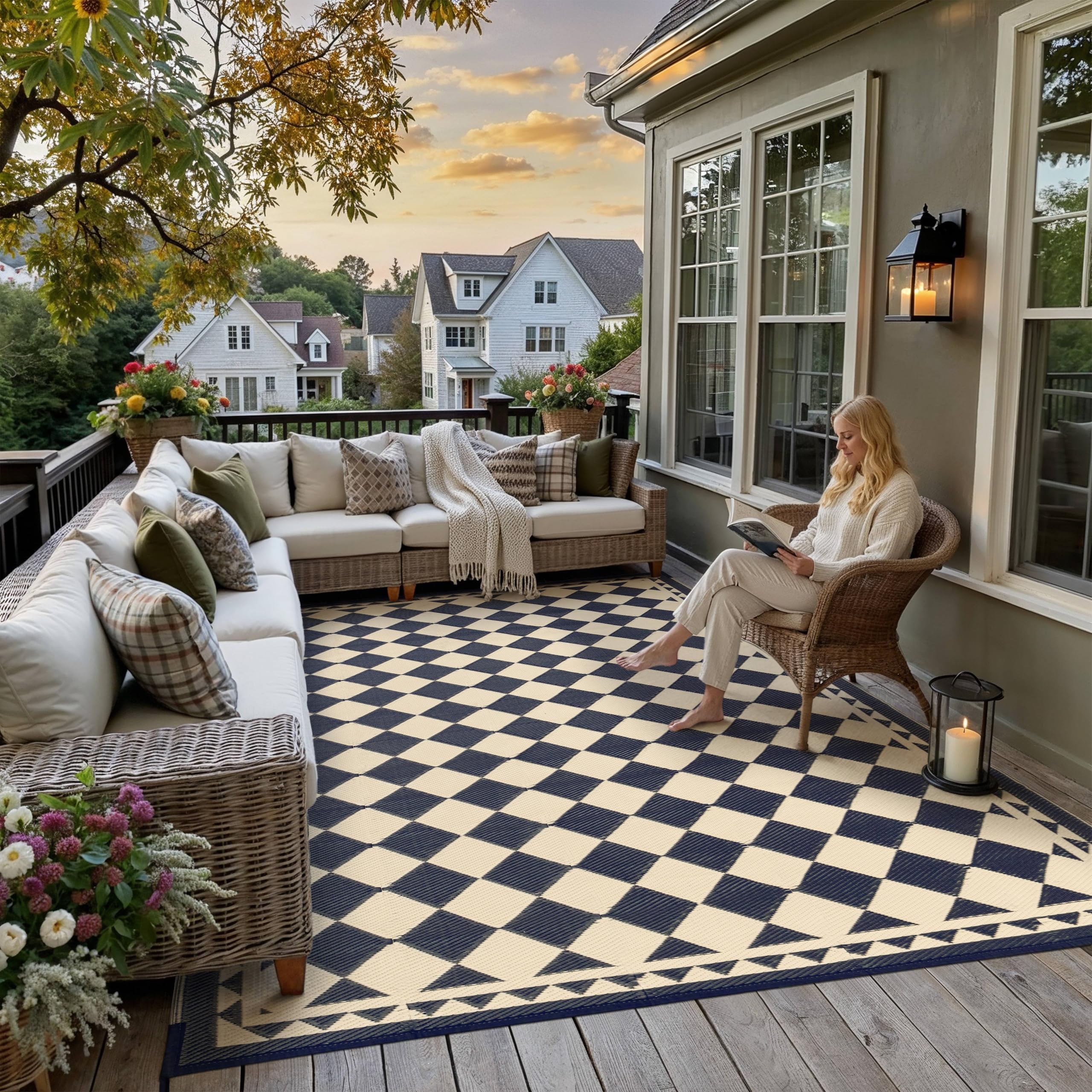 HUGEAR Outdoor Rug for Patios Clearance,Waterproof Mat,Large Outside Carpet,Reversible Plastic Straw Camping Rugs,Rv,Porch,Deck,Camper,Balcony,Backyard (9x12,Checkered/Black&Beige)