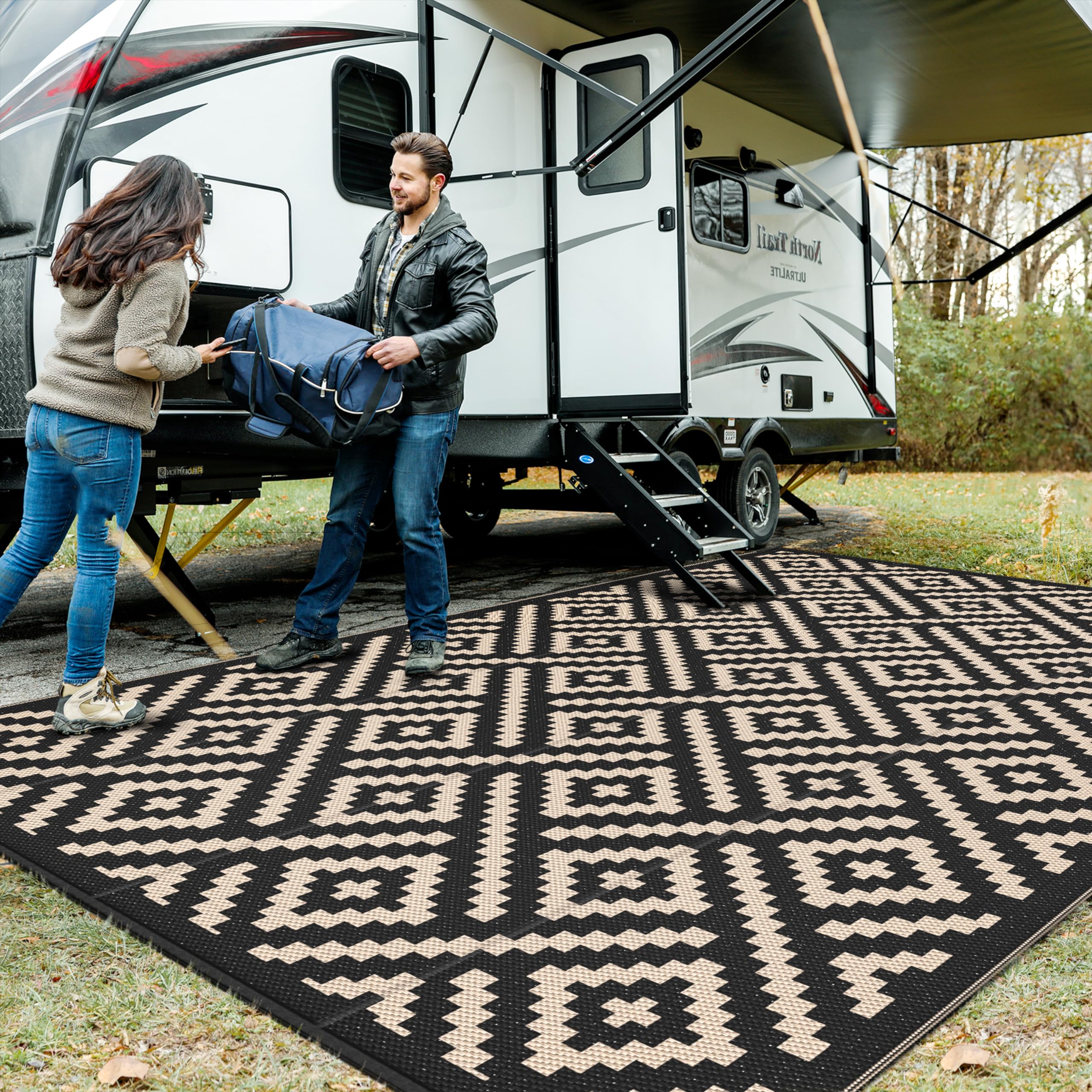 GENIMO Outdoor Rug for Patio Clearance,6'x9' Waterproof Mat,Reversible Plastic Camping Rugs,Rv,Deck,Porch,Camper,Balcony,Backyard (Black & Beige)