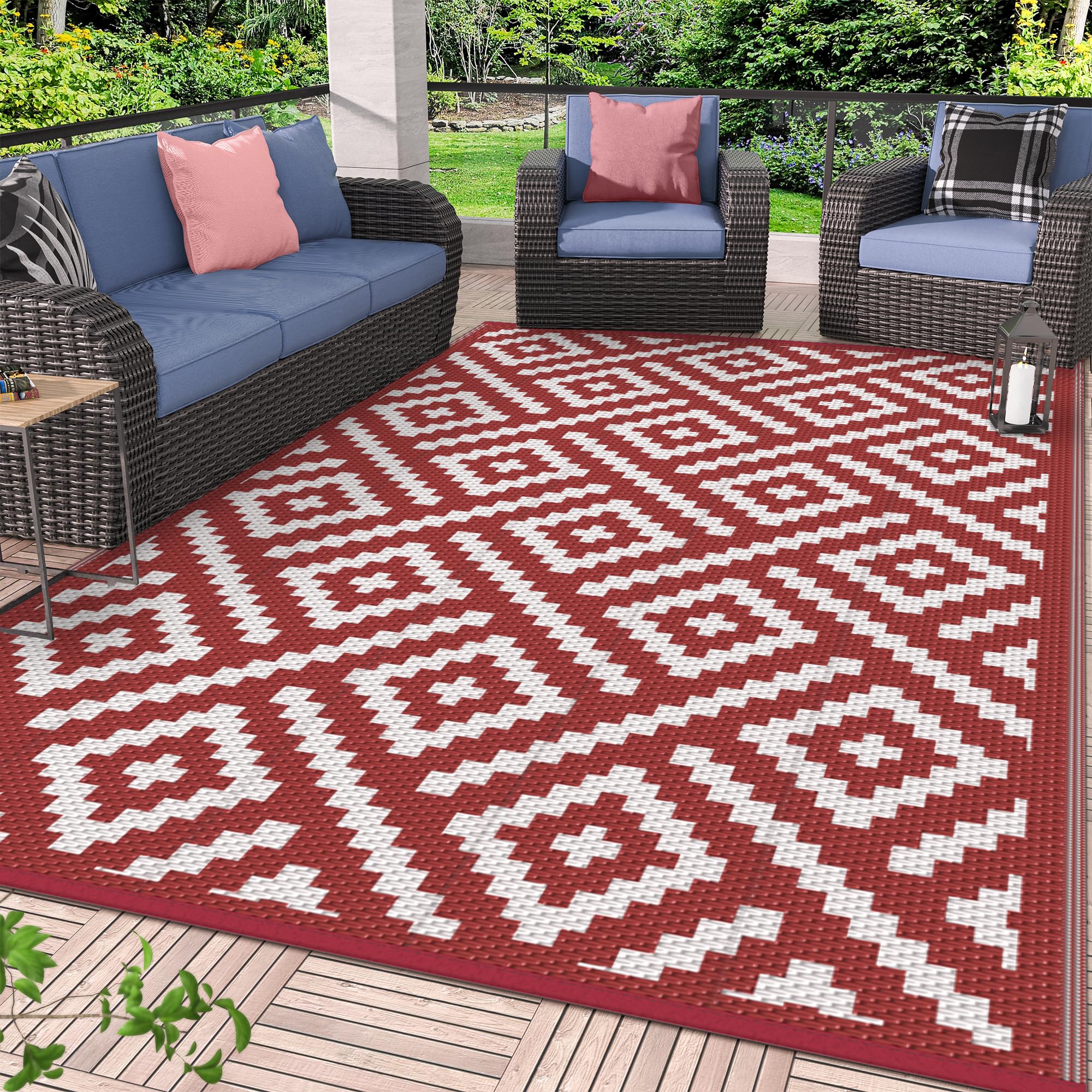 GENIMO 5x8 Outdoor Rug Waterproof, Reversible Mats, Area Rug, Plastic Outside Carpet, Geometric Rv Mat for Patio Camping Rv Picnic Backyard Deck Balcony Porch Beach Trailer (Black & Brown)