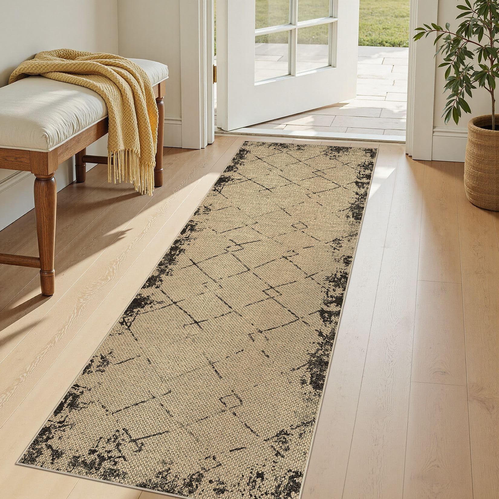 5x7 Outdoor Jute Area Rug Patio, Farmhouse Rugs for Living Room Backyard Machine Washable Non Slip, Pet Friendly Indoor Geometric Carpet for Dining Room - Brown