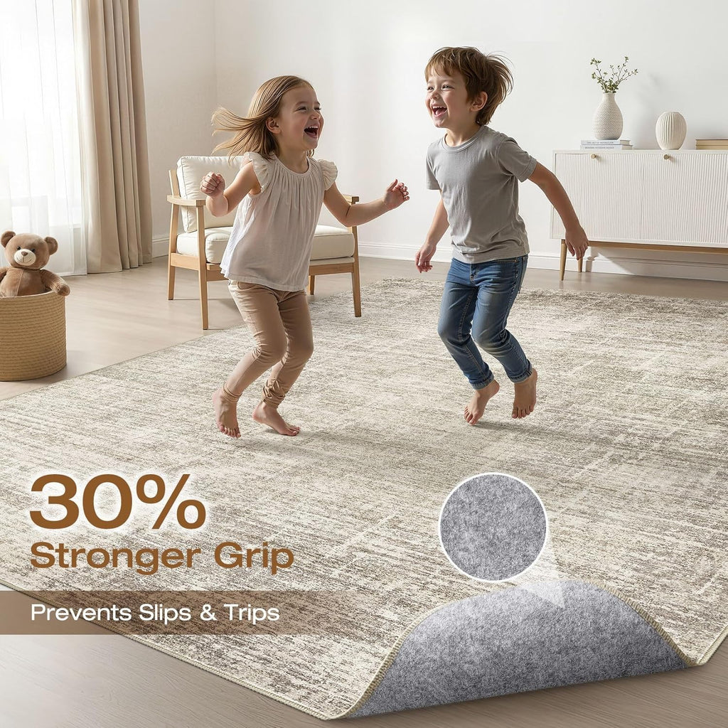 8x10 Area Rugs Living Room: Washable Large Neutral Brown Rug Abstract Soft Modern Stain Resistant Indoor Floor Non-Slip Carpet for Bedroom Nursery Kids Office Playroom Dining Room Under Table Home