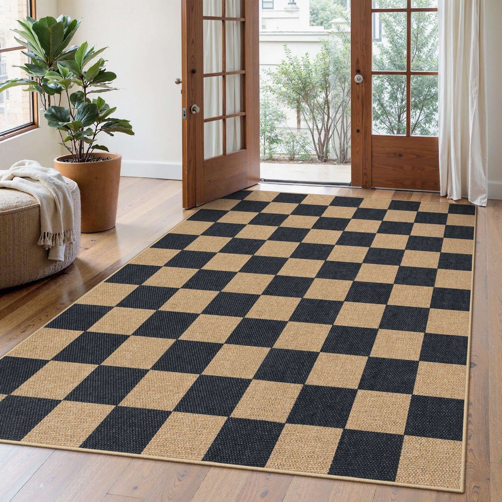 Lahome Checkered Easy Jute 5x7 Area Rugs, Washable Outdoor Patio Rug for Living Room Diamond Indoor Outdoor Carpet, Farmhouse Geometric Non Slip Black Carpet for Backyard Dining Room