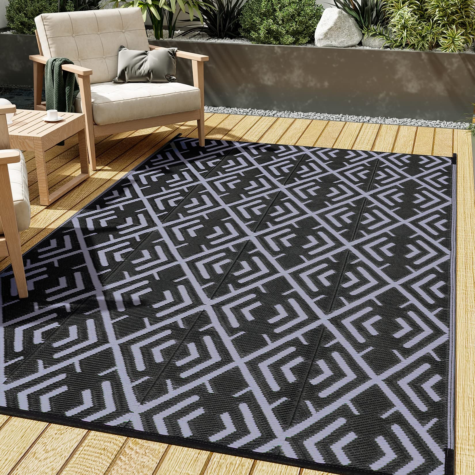 HUGEAR Outdoor Rug for Patios Clearance,Waterproof Mat,Large Outside Carpet,Reversible Plastic Straw Camping Rugs,Rv,Porch,Deck,Camper,Balcony,Backyard (9x12,Checkered/Black&Beige)