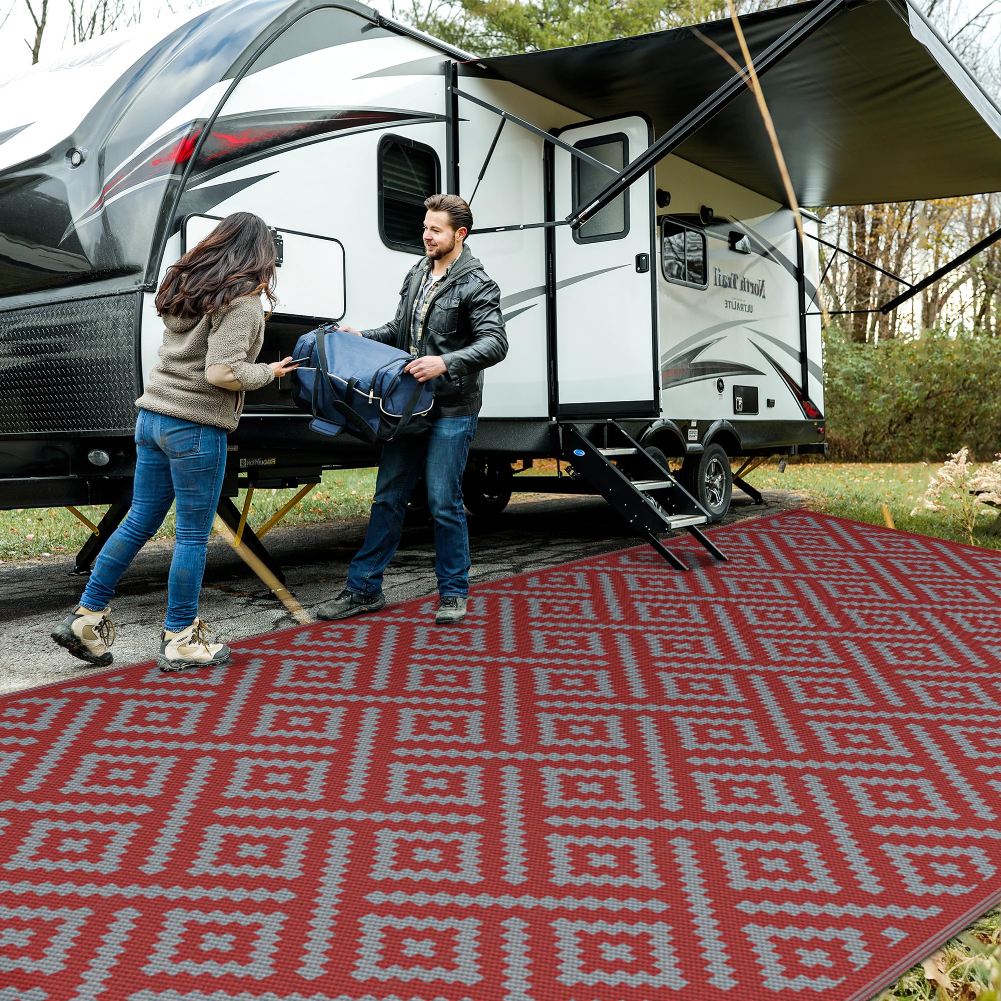 GENIMO Outdoor Rug for Patio Clearance,6'x9' Waterproof Mat,Reversible Plastic Camping Rugs,Rv,Deck,Porch,Camper,Balcony,Backyard (Black & Beige)