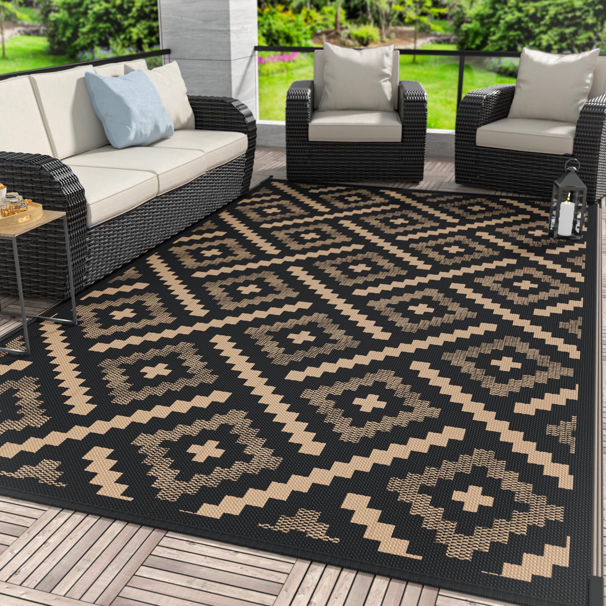 GENIMO Outdoor Rug for Patio Clearance,6'x9' Waterproof Mat,Reversible Plastic Camping Rugs,Rv,Deck,Porch,Camper,Balcony,Backyard (Black & Beige)