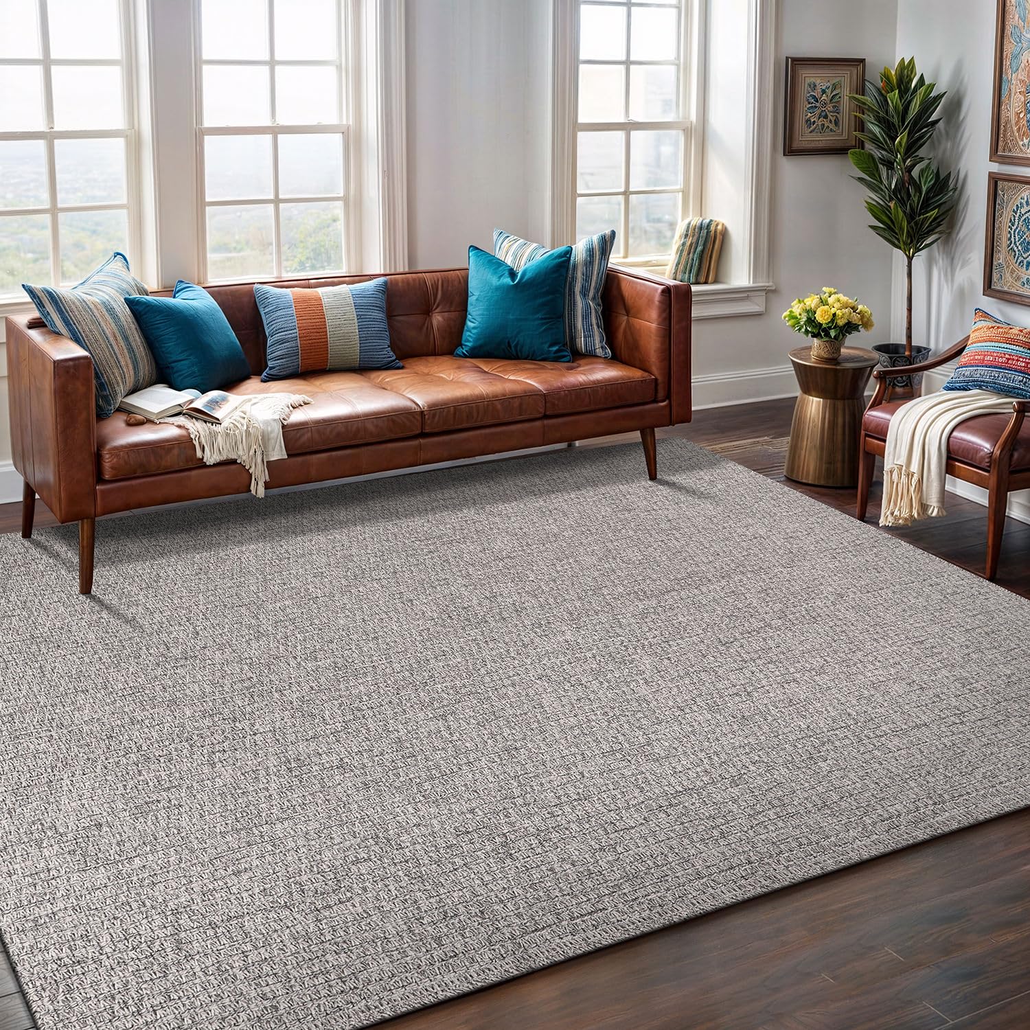 Washable Easy Jute Rug 5x7, Indoor Outdoor Rugs Natural Color Farmhouse Area Rugs for Living Room, Kitchen, High Traffic Area, Easy to Clean Solid Boho Woven Design Outside Carpet (5 X 7 Natural)