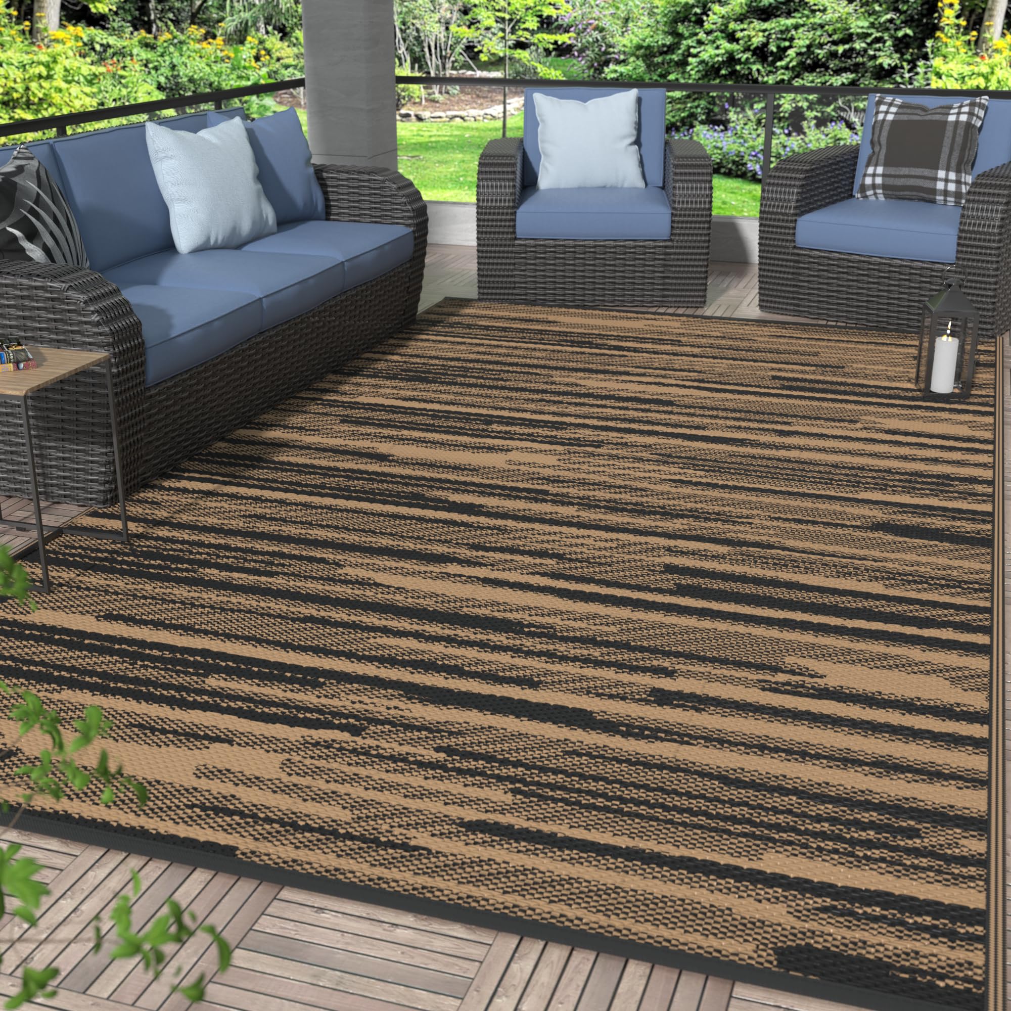 GENIMO 5x8 Outdoor Rug Waterproof, Reversible Mats, Area Rug, Plastic Outside Carpet, Geometric Rv Mat for Patio Camping Rv Picnic Backyard Deck Balcony Porch Beach Trailer (Black & Brown)