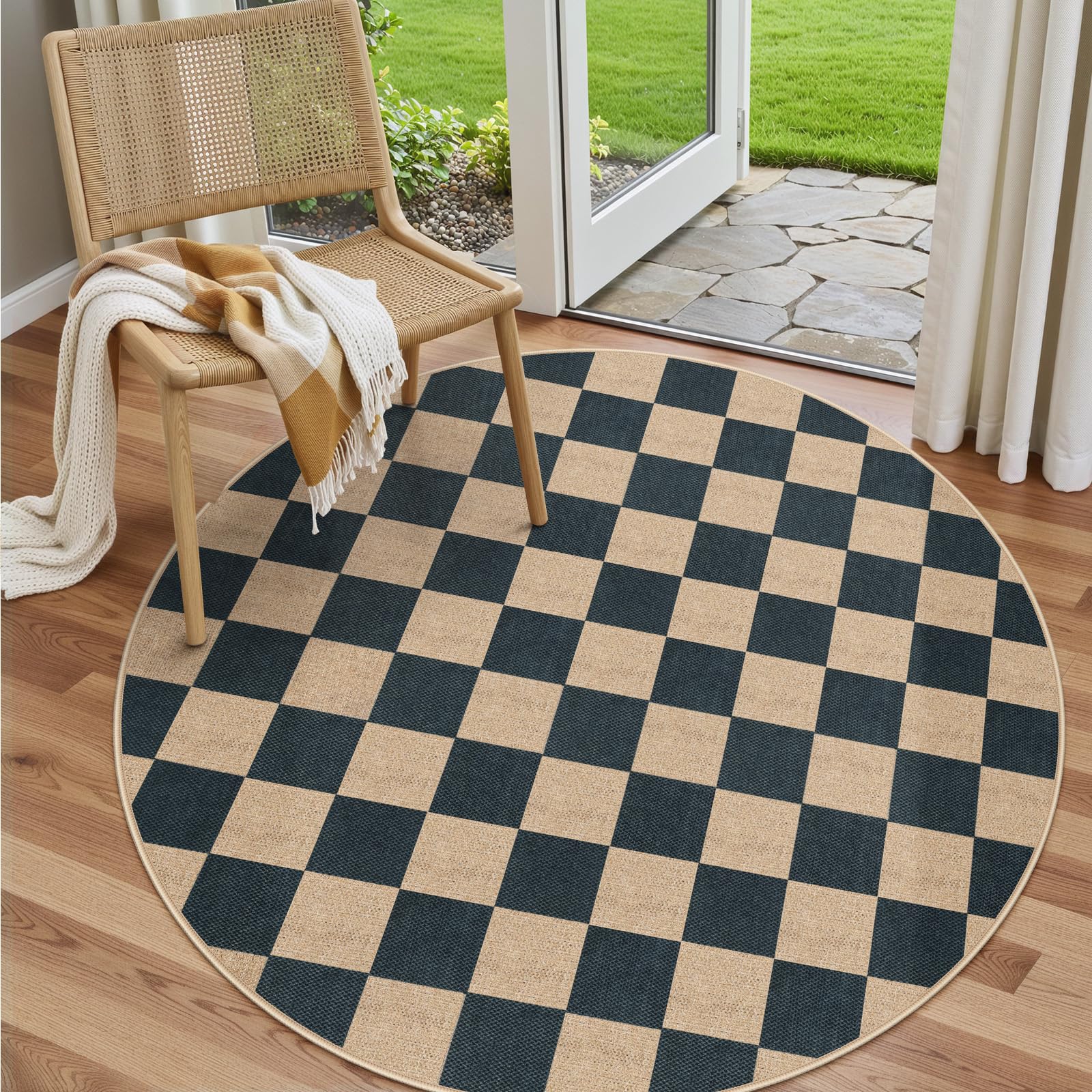 Lahome Checkered Easy Jute 5x7 Area Rugs, Washable Outdoor Patio Rug for Living Room Diamond Indoor Outdoor Carpet, Farmhouse Geometric Non Slip Black Carpet for Backyard Dining Room