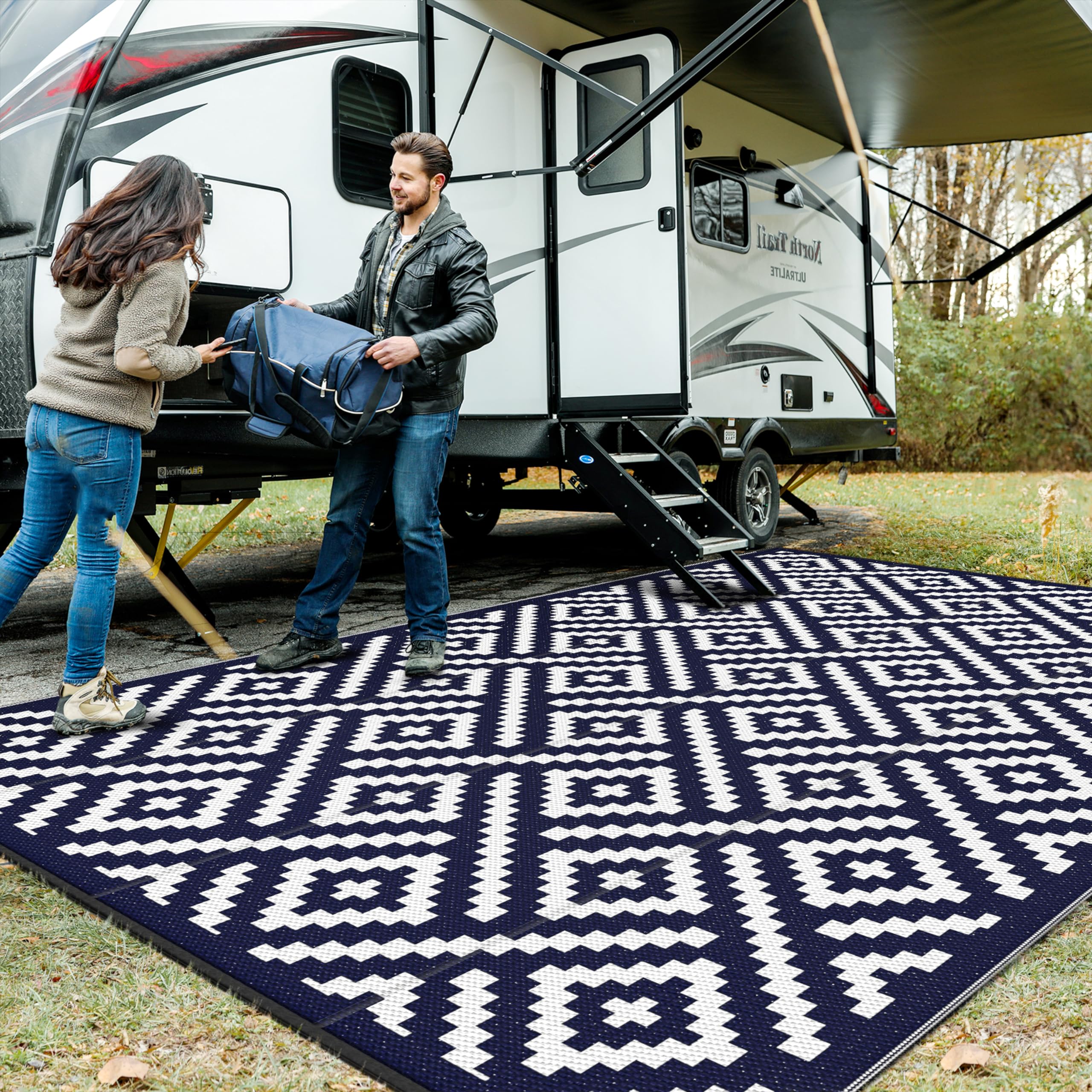 GENIMO 5x8 Outdoor Rug Waterproof, Reversible Mats, Area Rug, Plastic Outside Carpet, Geometric Rv Mat for Patio Camping Rv Picnic Backyard Deck Balcony Porch Beach Trailer (Black & Brown)