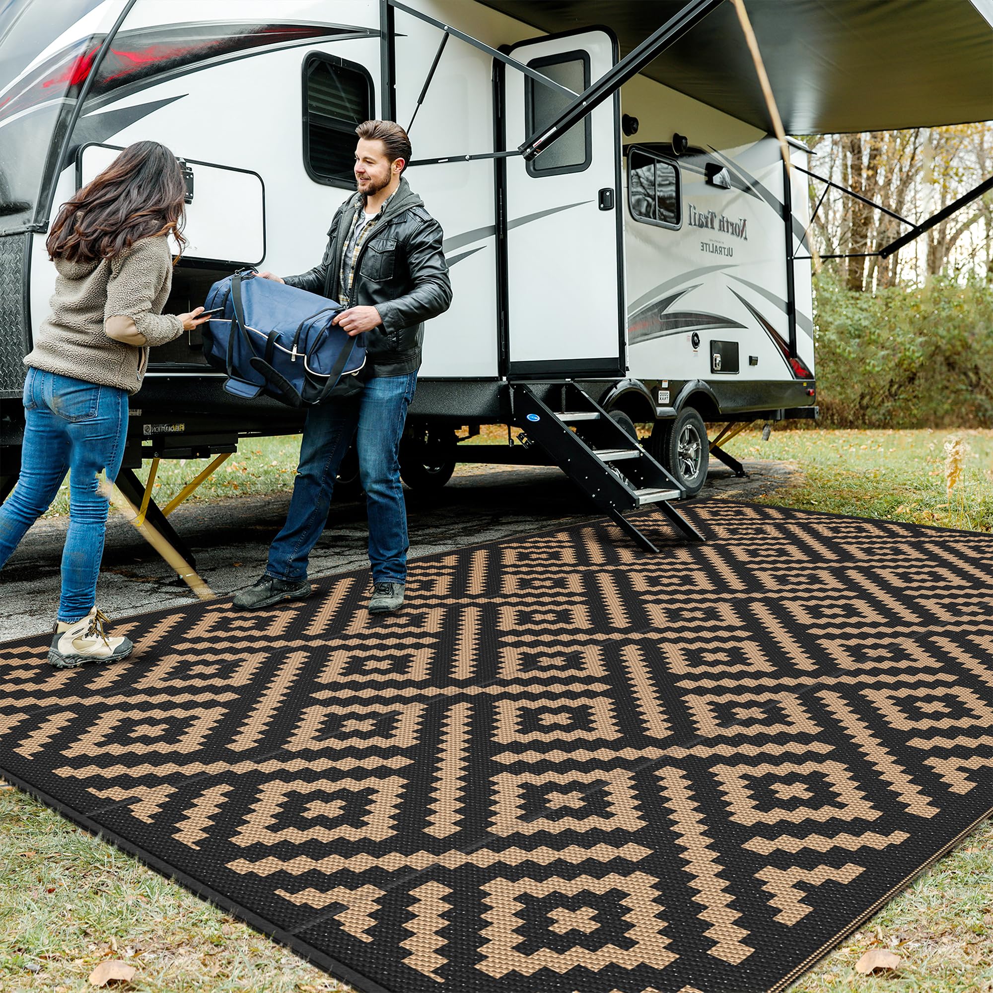 GENIMO 5x8 Outdoor Rug Waterproof, Reversible Mats, Area Rug, Plastic Outside Carpet, Geometric Rv Mat for Patio Camping Rv Picnic Backyard Deck Balcony Porch Beach Trailer (Black & Brown)