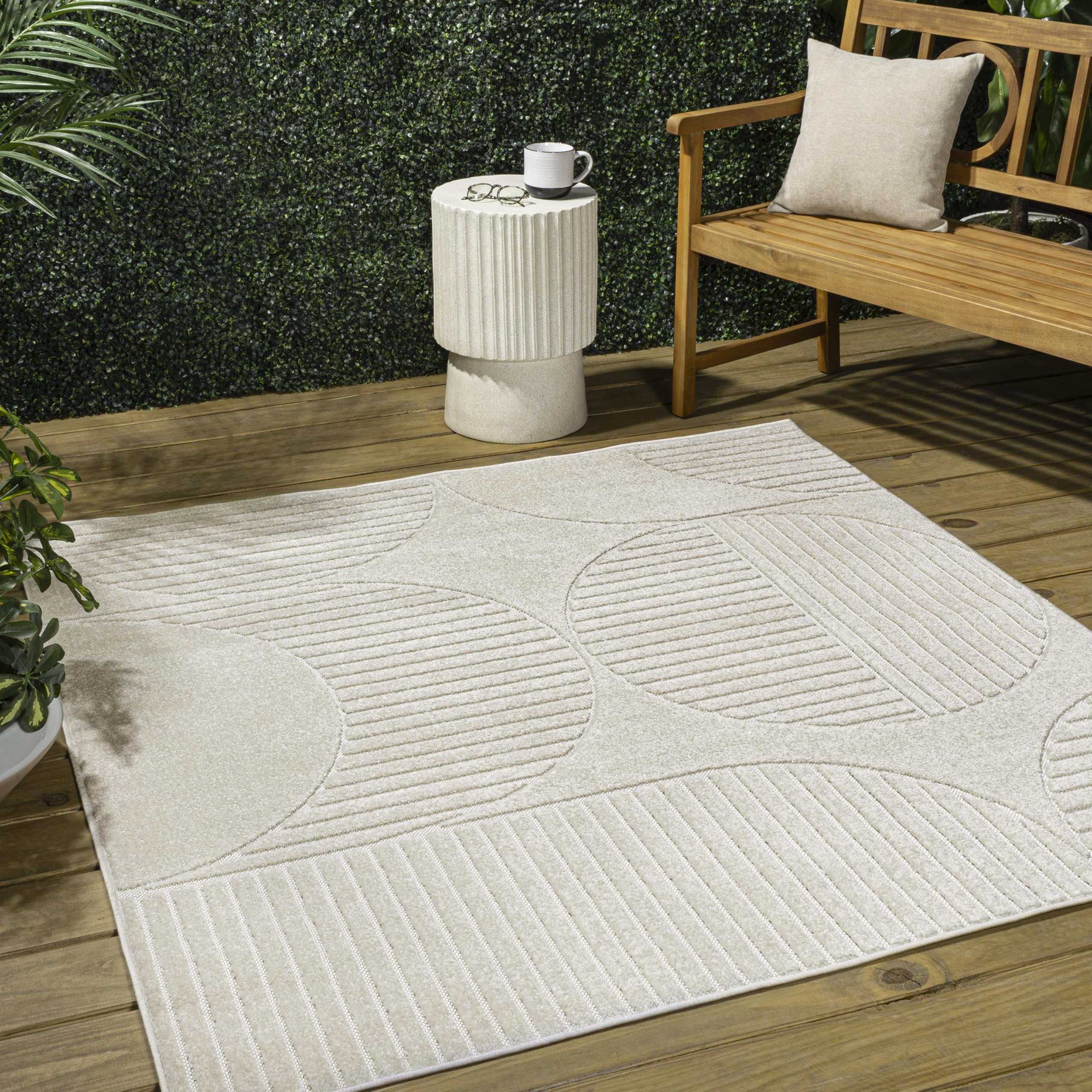 JONATHAN Y Nordby High-Low Arch Striped Indoor/Outdoor Area Rug, 4x6, Beige/Cream, for Patio, Backyard, Living Room, Bedroom, Office, Hose-Washable (SCN104E-4)