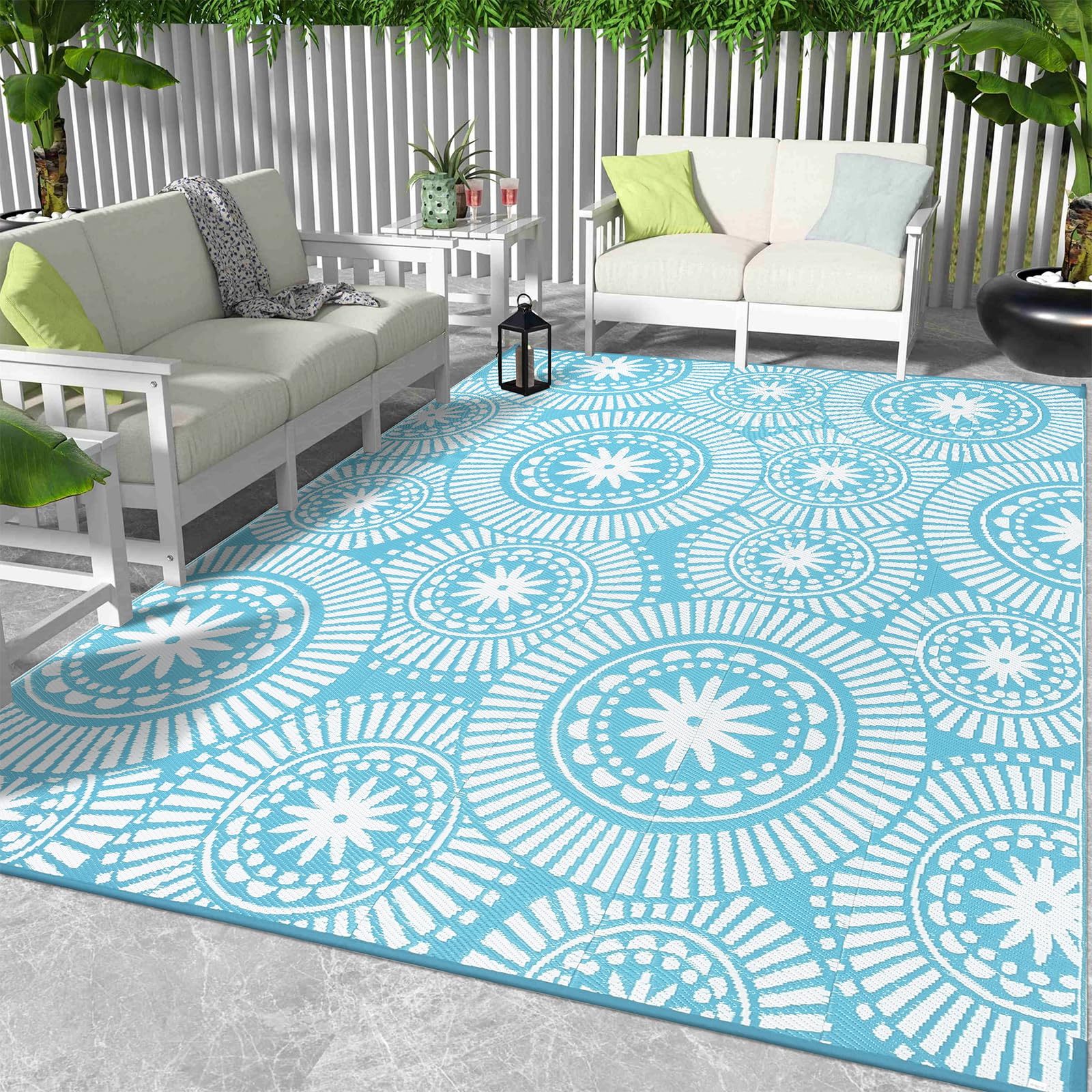 Ileading Reversible Plastic Outdoor Rug Modern Geometric Style Patio Straw Mat Waterproof Deck Carpets Non Shedding Portable Area Rugs for RV Beach Backyard Outside Pool Picnic Camping(6'x9'Grey)