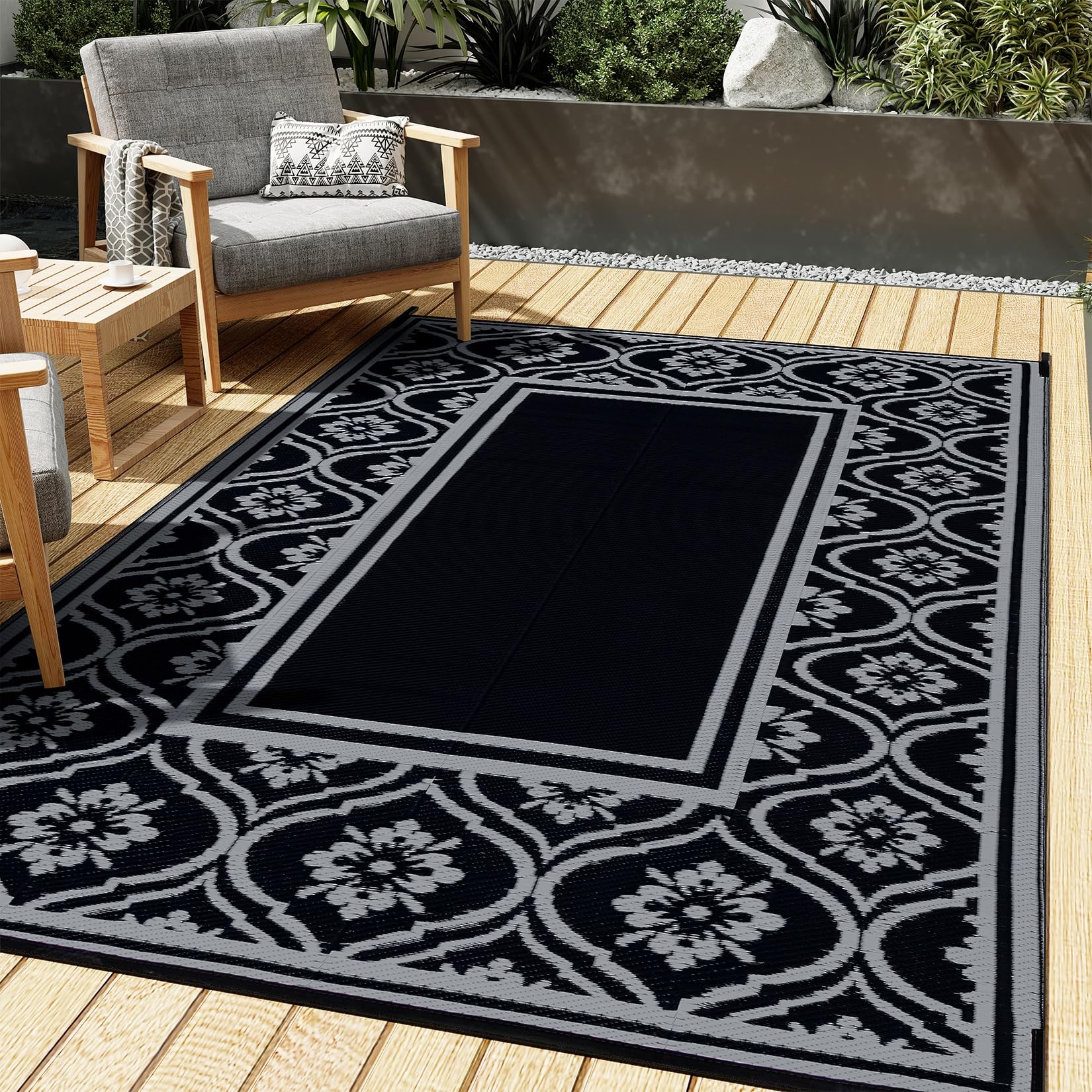 HUGEAR Outdoor Rug for Patios Clearance,Waterproof Mat,Large Outside Carpet,Reversible Plastic Straw Camping Rugs,Rv,Porch,Deck,Camper,Balcony,Backyard (9x12,Checkered/Black&Beige)