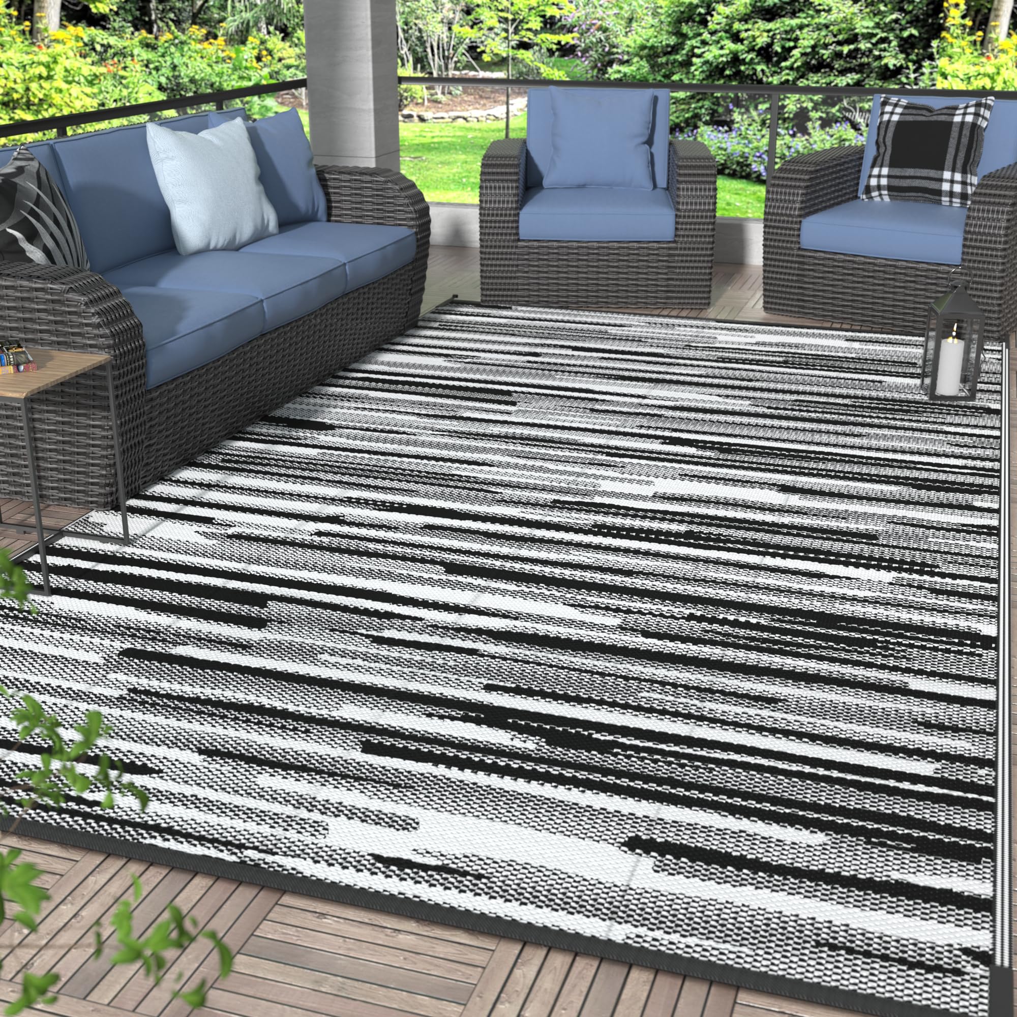 GENIMO Outdoor Rug for Patio Clearance,6'x9' Waterproof Mat,Reversible Plastic Camping Rugs,Rv,Deck,Porch,Camper,Balcony,Backyard (Black & Beige)