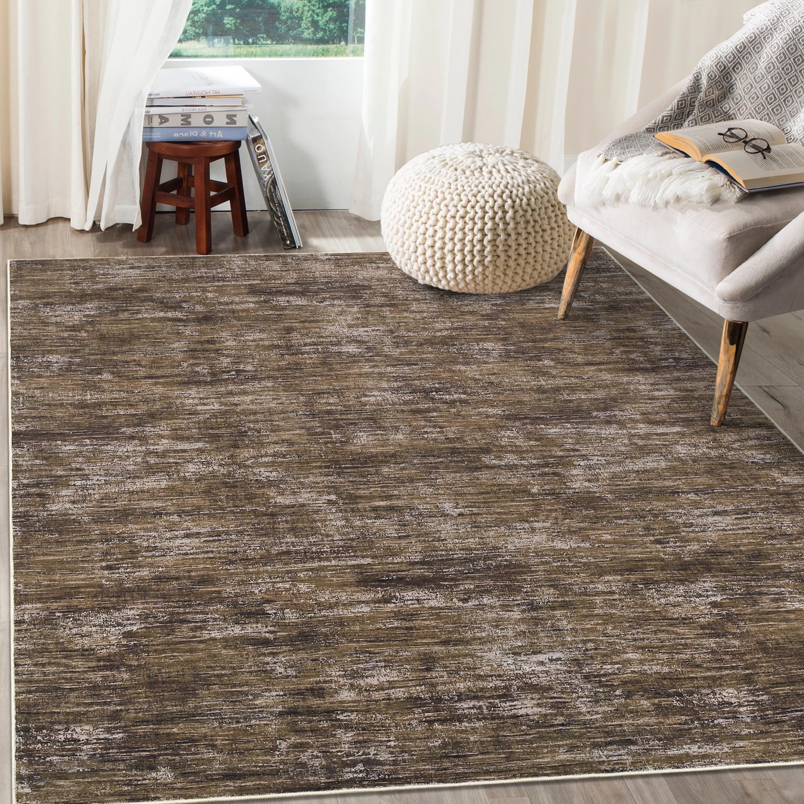 RUGSREAL 8x10 Washable Rug for Living Room Non-Slip Modern Abstract Area Rug Stain Resistant Large Bedroom Rug Contemporary Accent Throw Floor Carpet Solid Rug for Dining Room Home Decor, Beige