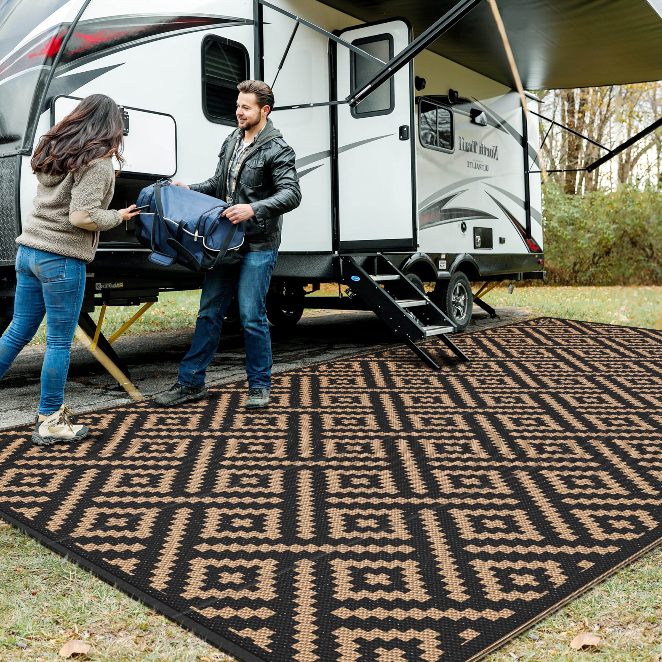 GENIMO Outdoor Rug for Patio Clearance,6'x9' Waterproof Mat,Reversible Plastic Camping Rugs,Rv,Deck,Porch,Camper,Balcony,Backyard (Black & Beige)