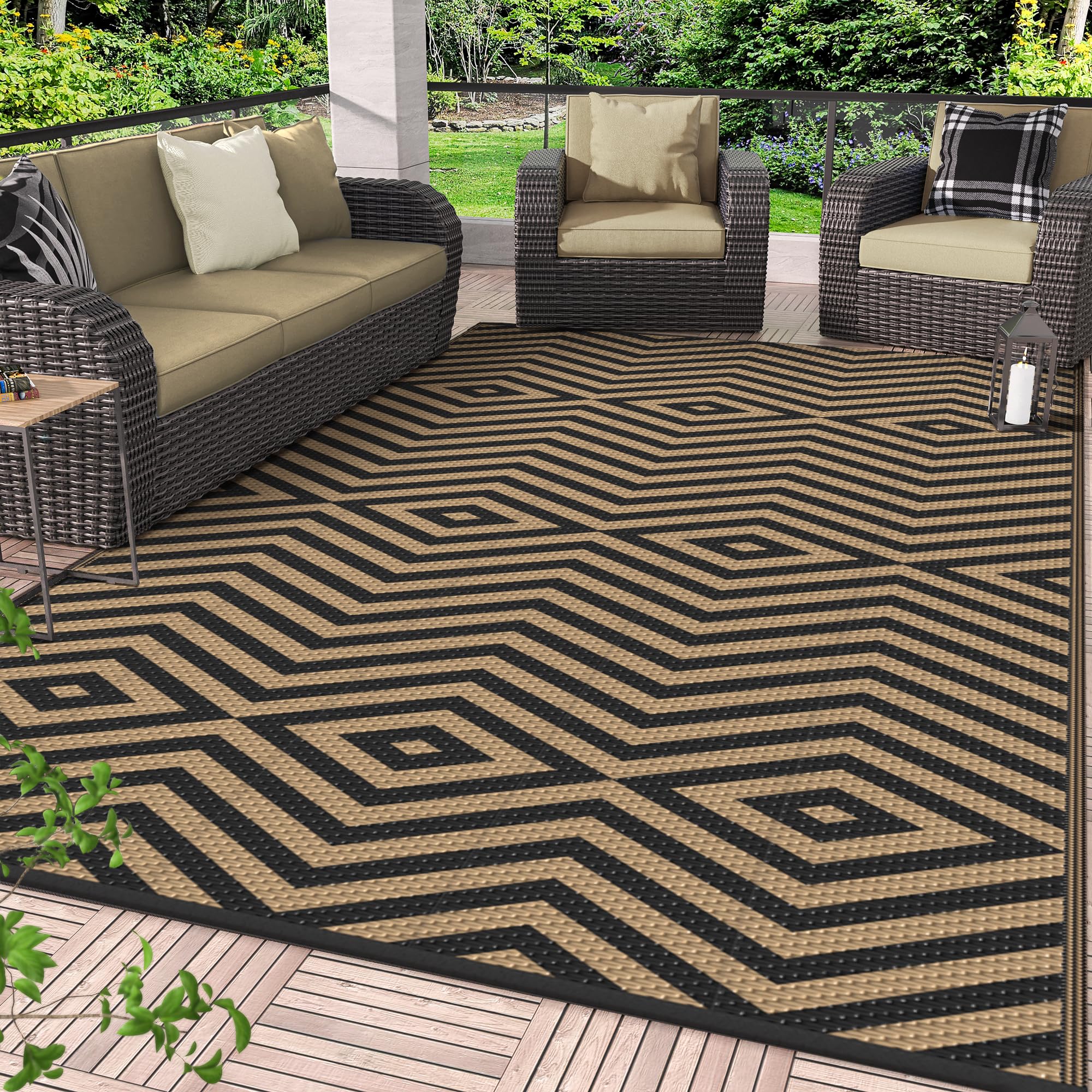 GENIMO Outdoor Rug for Patio Clearance,6'x9' Waterproof Mat,Reversible Plastic Camping Rugs,Rv,Deck,Porch,Camper,Balcony,Backyard (Black & Beige)