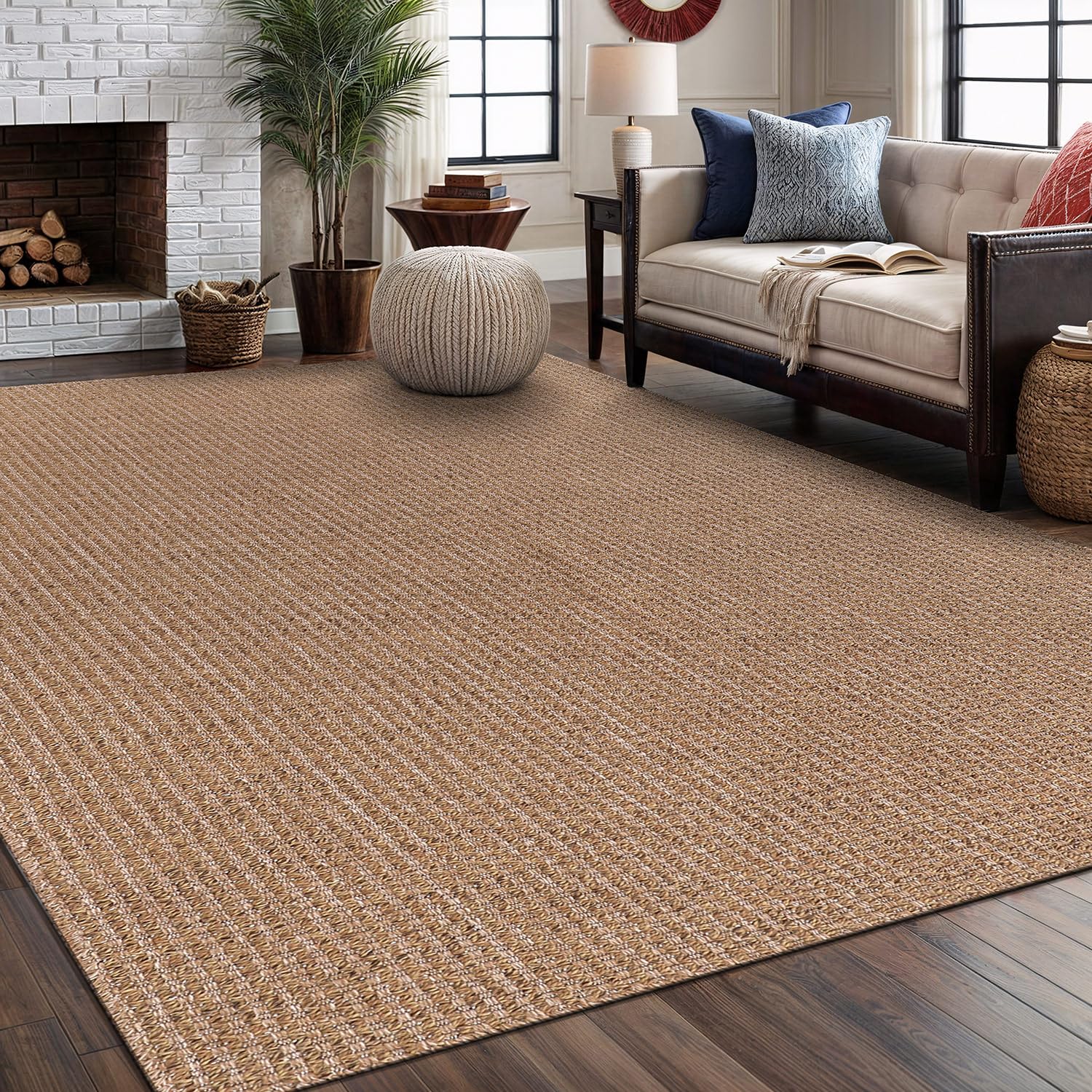 Washable Easy Jute Rug 5x7, Indoor Outdoor Rugs Natural Color Farmhouse Area Rugs for Living Room, Kitchen, High Traffic Area, Easy to Clean Solid Boho Woven Design Outside Carpet (5 X 7 Natural)