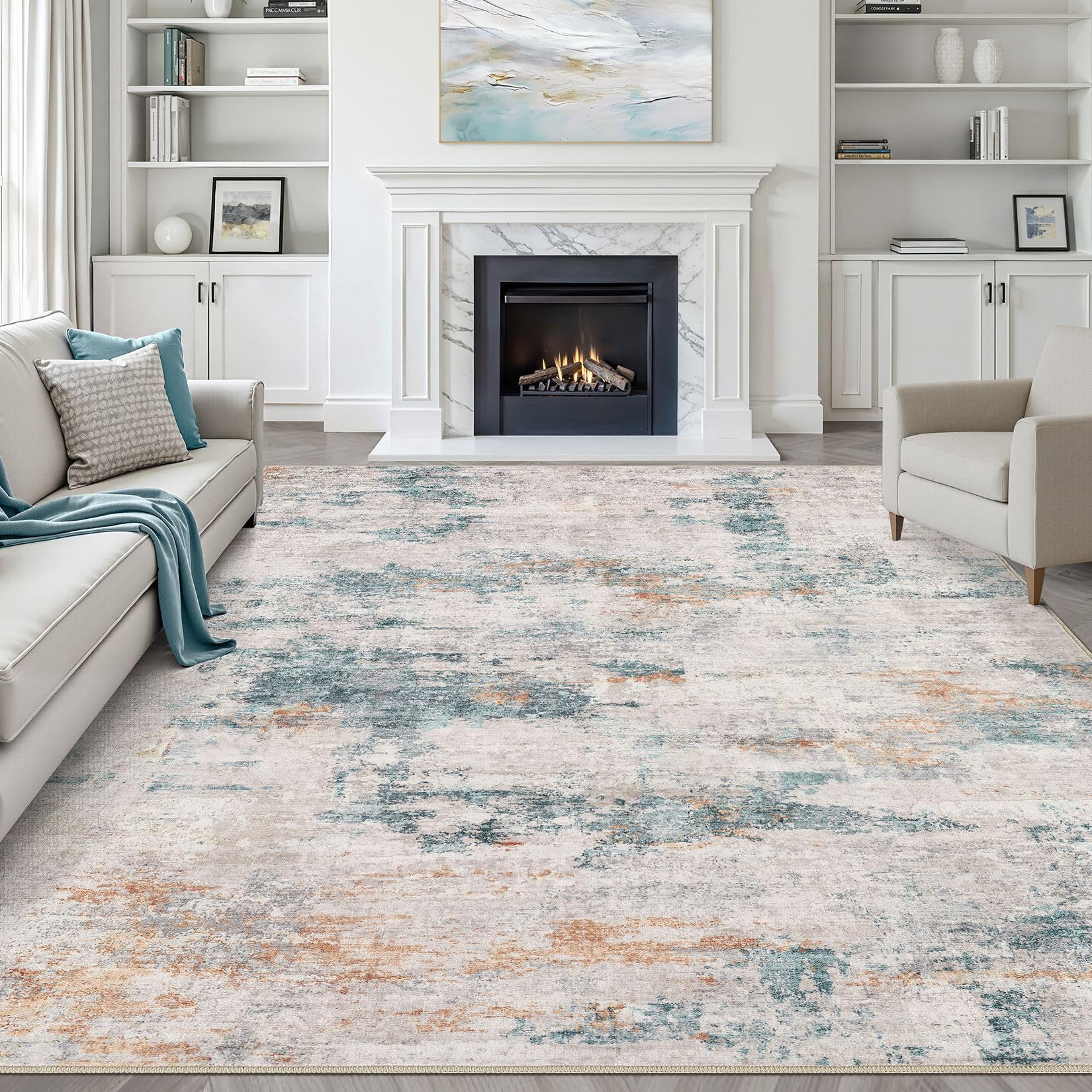 8x10 Area Rugs Living Room: Washable Large Neutral Brown Rug Abstract Soft Modern Stain Resistant Indoor Floor Non-Slip Carpet for Bedroom Nursery Kids Office Playroom Dining Room Under Table Home