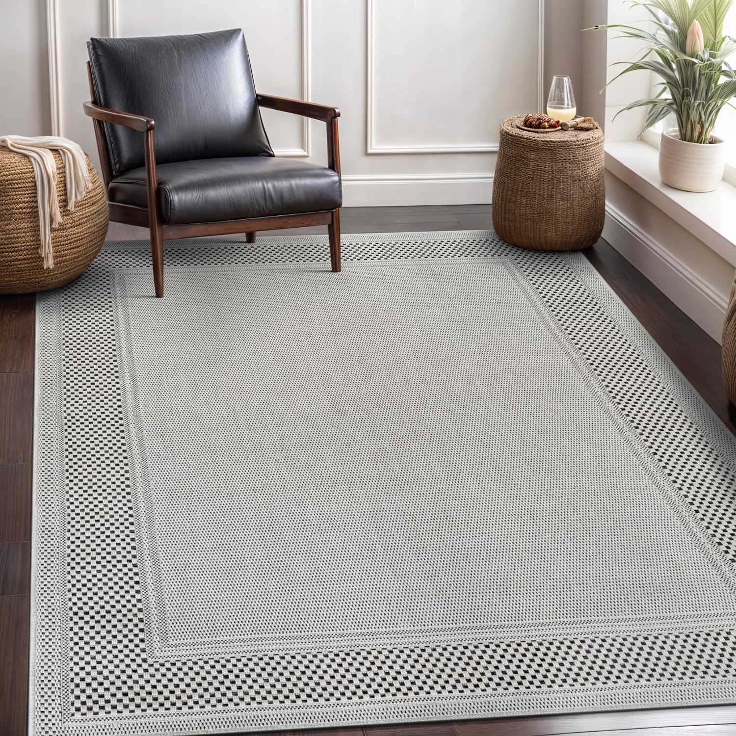CAMILSON Easy Jute Rug 5x7, Indoor Outdoor Natural Color Fiber Area Rugs for Living Room Patio and Kitchen Rug Herringbone Seagrass Woven Design Easy-Cleaning Washable Outside Carpet Alfombras 5 x 7