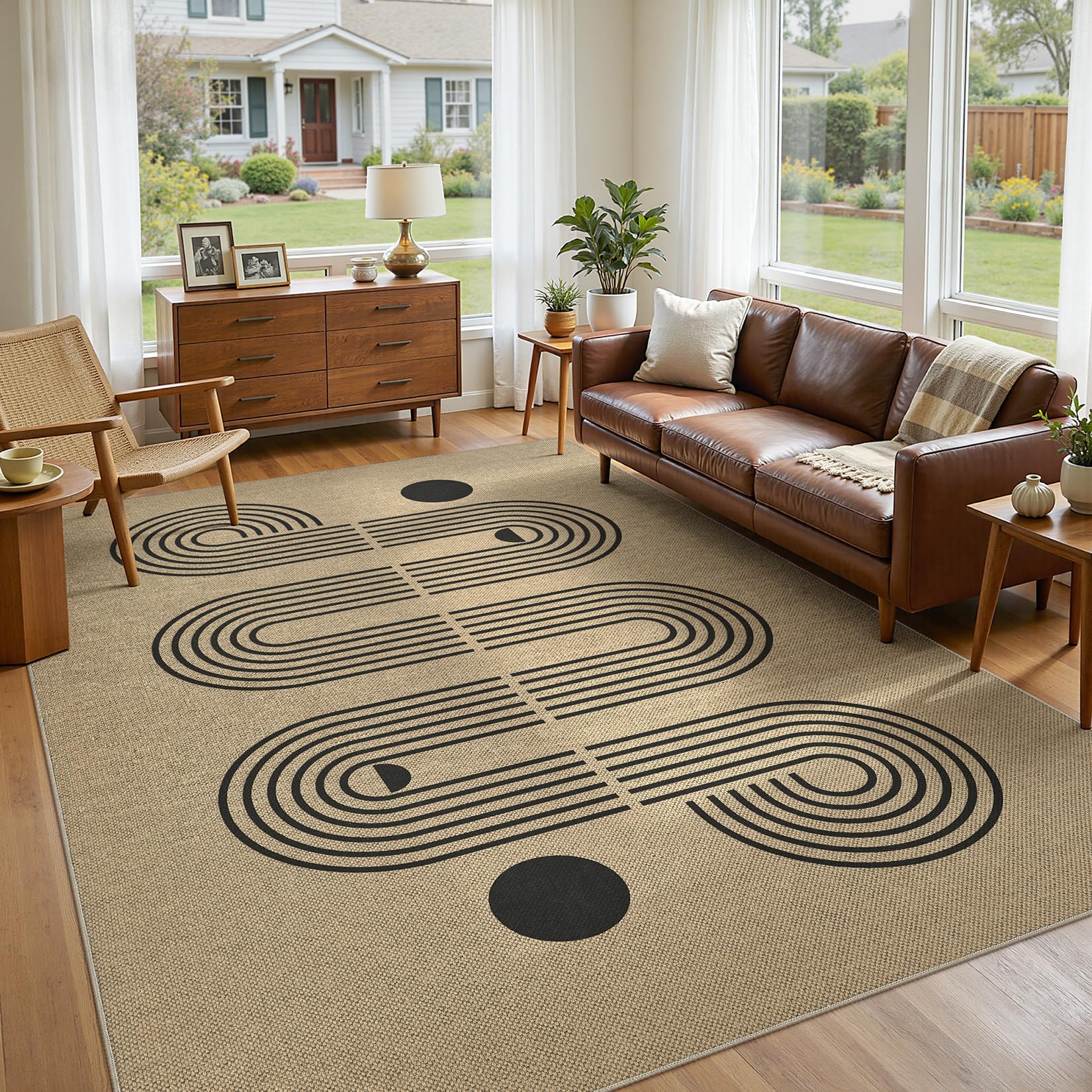 5x7 Outdoor Jute Area Rug Patio, Farmhouse Rugs for Living Room Backyard Machine Washable Non Slip, Pet Friendly Indoor Geometric Carpet for Dining Room - Brown