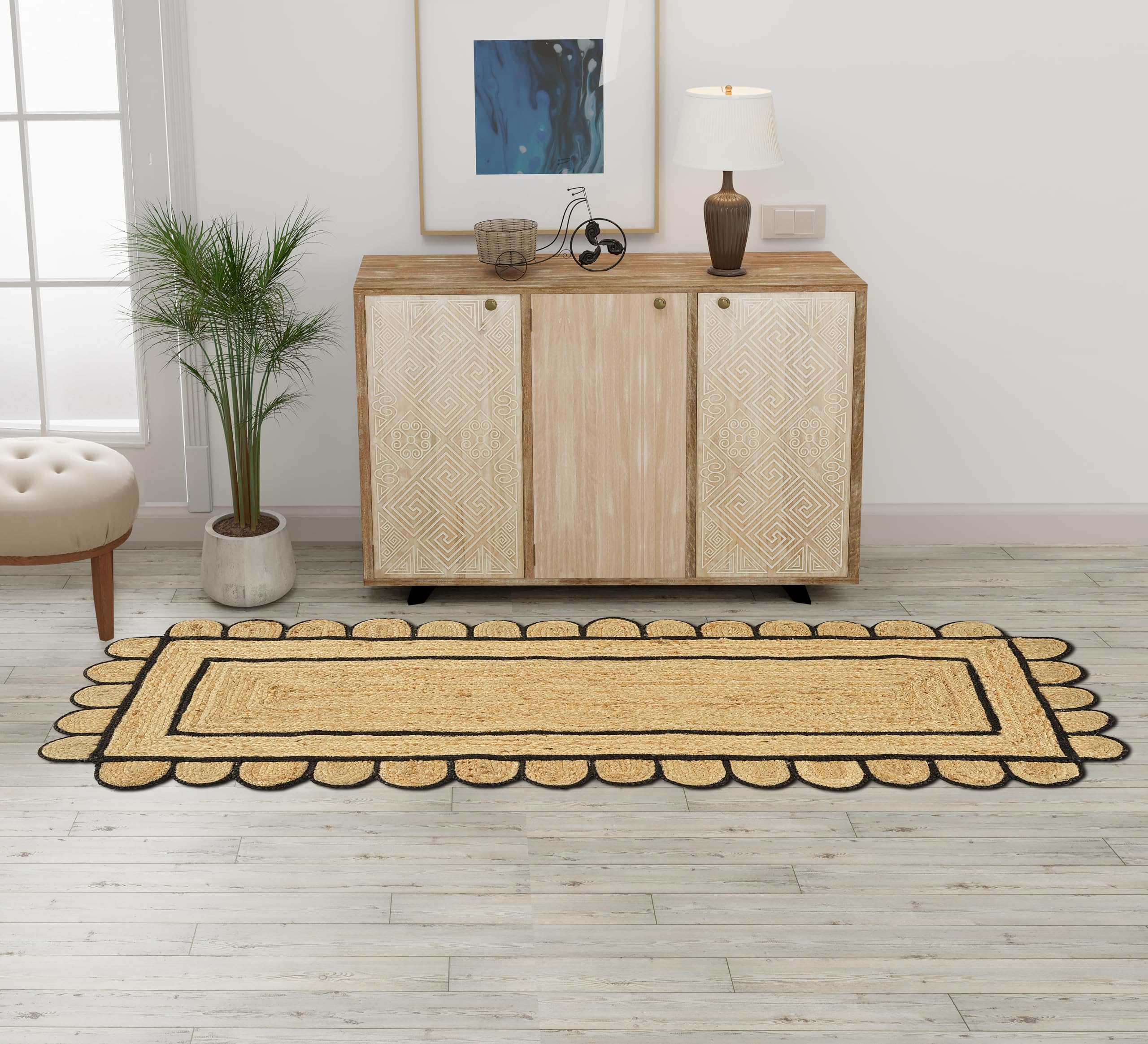 GRUHUM Jute Area Rug 6'x9' ft Wave Scalloped Natural Ivory Border Handwoven Boho Reversible Rustic Vintage Farmhouse Soft Braided EcoFriendly Rug - Indoor Livingroom Bedroom Hallways 6x9 ft Large