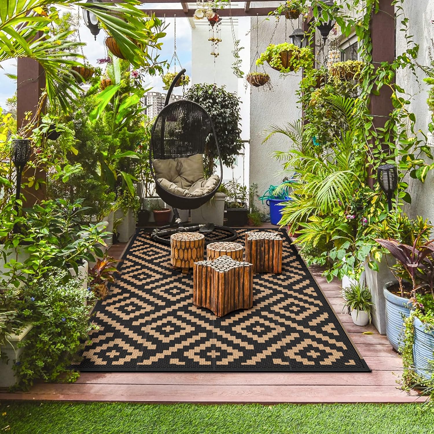 GENIMO 5x8 Outdoor Rug Waterproof, Reversible Mats, Area Rug, Plastic Outside Carpet, Geometric Rv Mat for Patio Camping Rv Picnic Backyard Deck Balcony Porch Beach Trailer (Black & Brown)