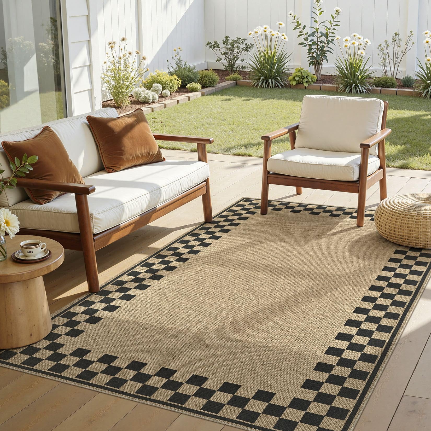 5x7 Outdoor Jute Area Rug Patio, Farmhouse Rugs for Living Room Backyard Machine Washable Non Slip, Pet Friendly Indoor Geometric Carpet for Dining Room - Brown