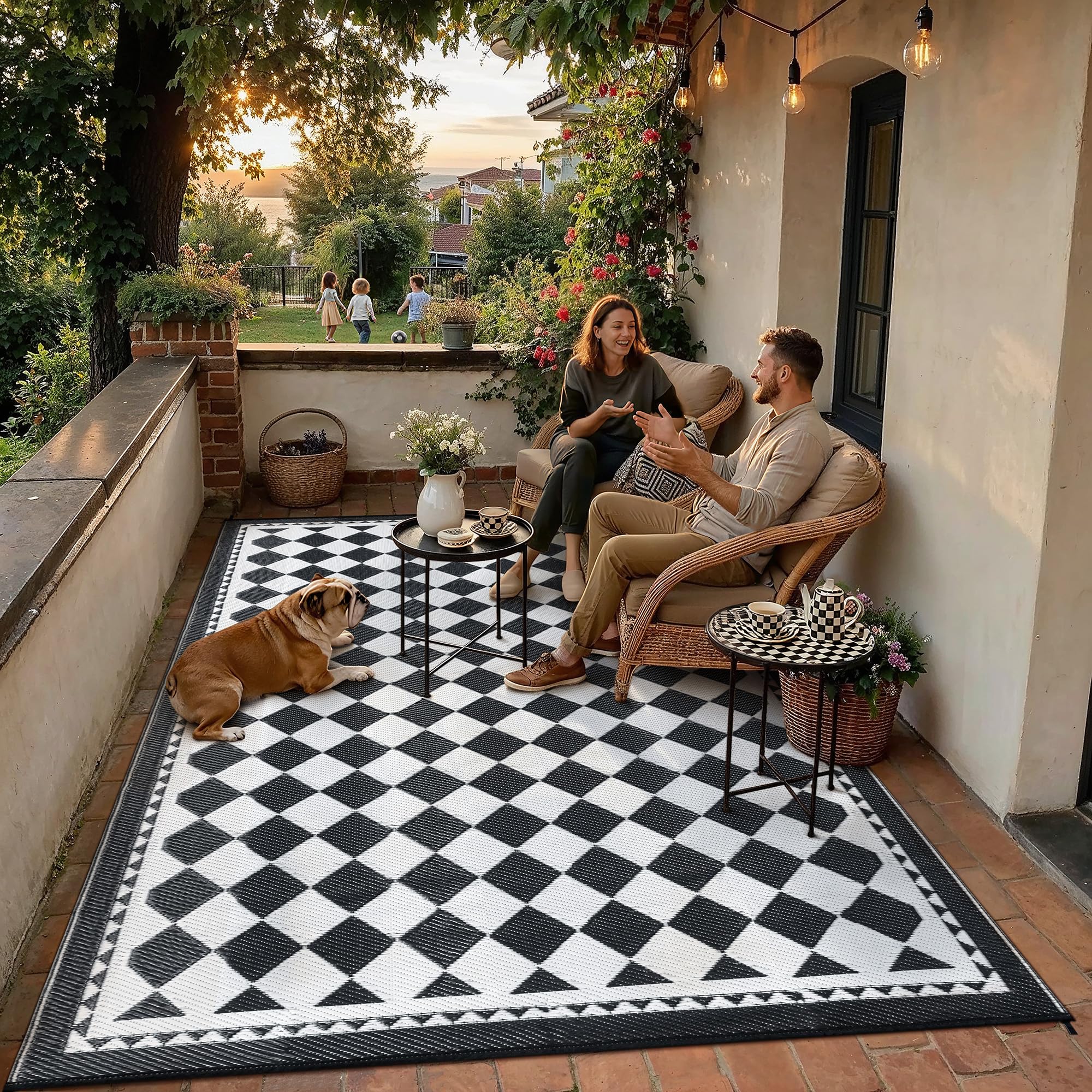 HUGEAR Outdoor Rug for Patios Clearance,Waterproof Mat,Large Outside Carpet,Reversible Plastic Straw Camping Rugs,Rv,Porch,Deck,Camper,Balcony,Backyard (9x12,Checkered/Black&Beige)