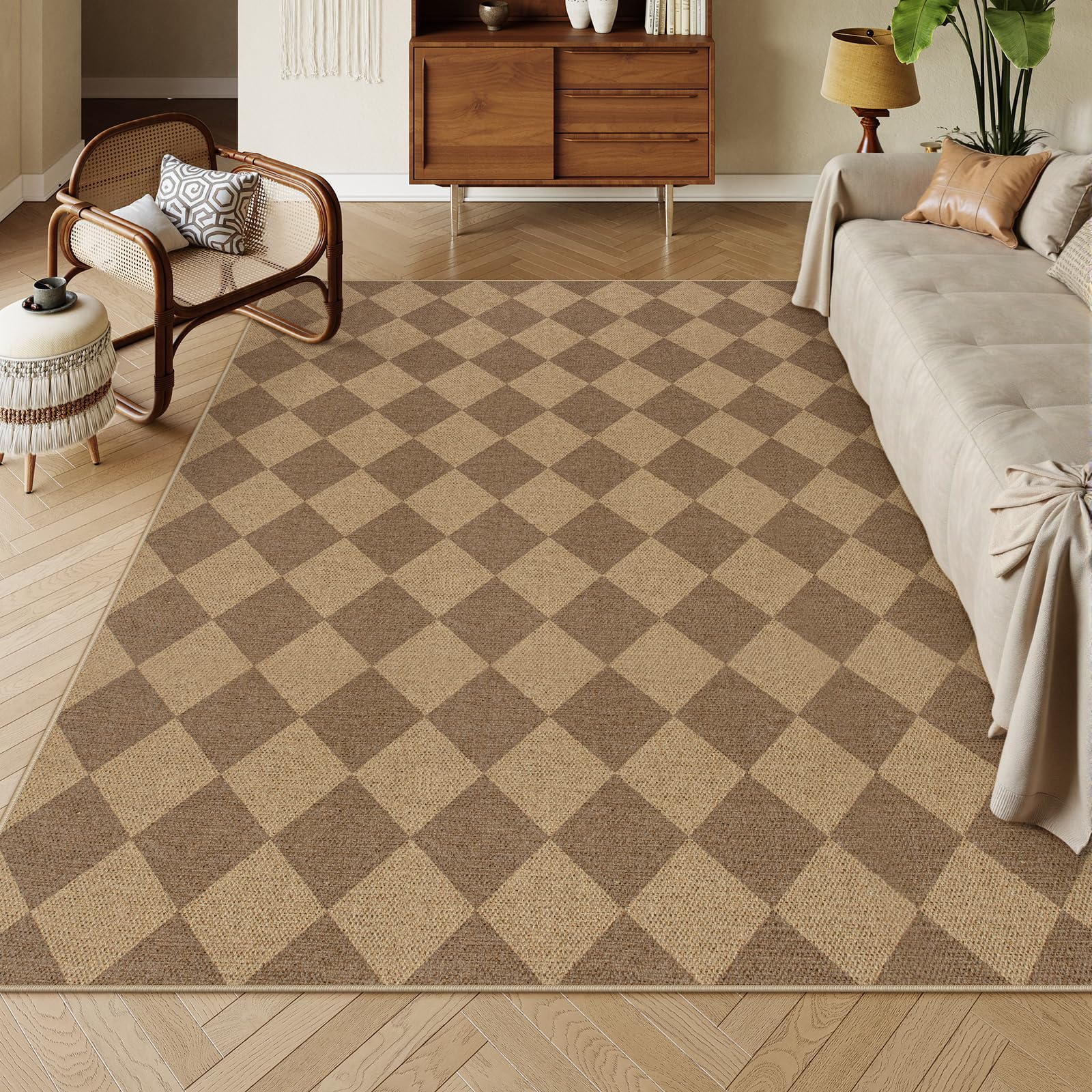 Lahome Checkered Easy Jute 5x7 Area Rugs, Washable Outdoor Patio Rug for Living Room Diamond Indoor Outdoor Carpet, Farmhouse Geometric Non Slip Black Carpet for Backyard Dining Room