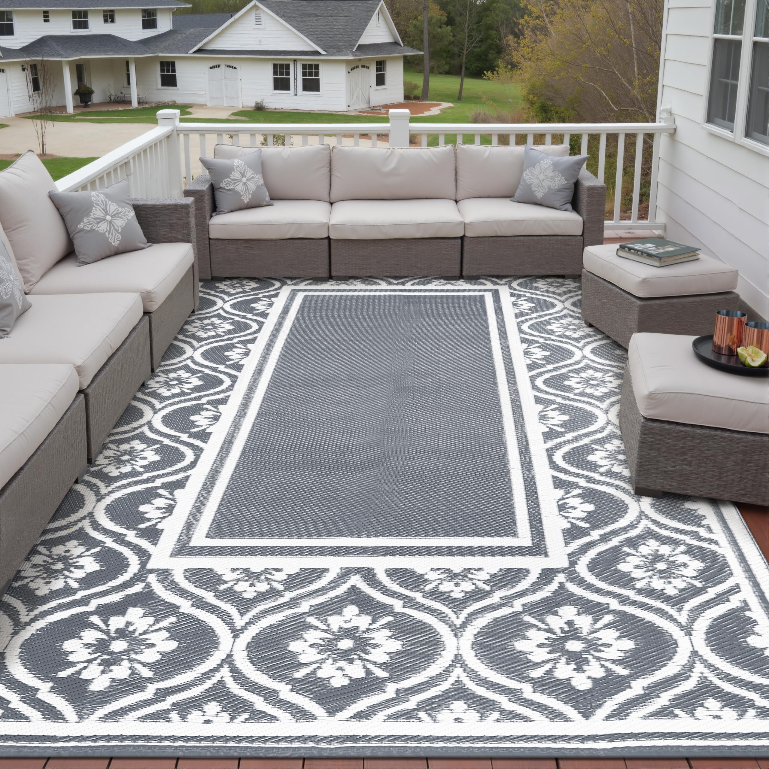 HUGEAR Outdoor Rug for Patios Clearance,Waterproof Mat,Large Outside Carpet,Reversible Plastic Straw Camping Rugs,Rv,Porch,Deck,Camper,Balcony,Backyard (9x12,Checkered/Black&Beige)