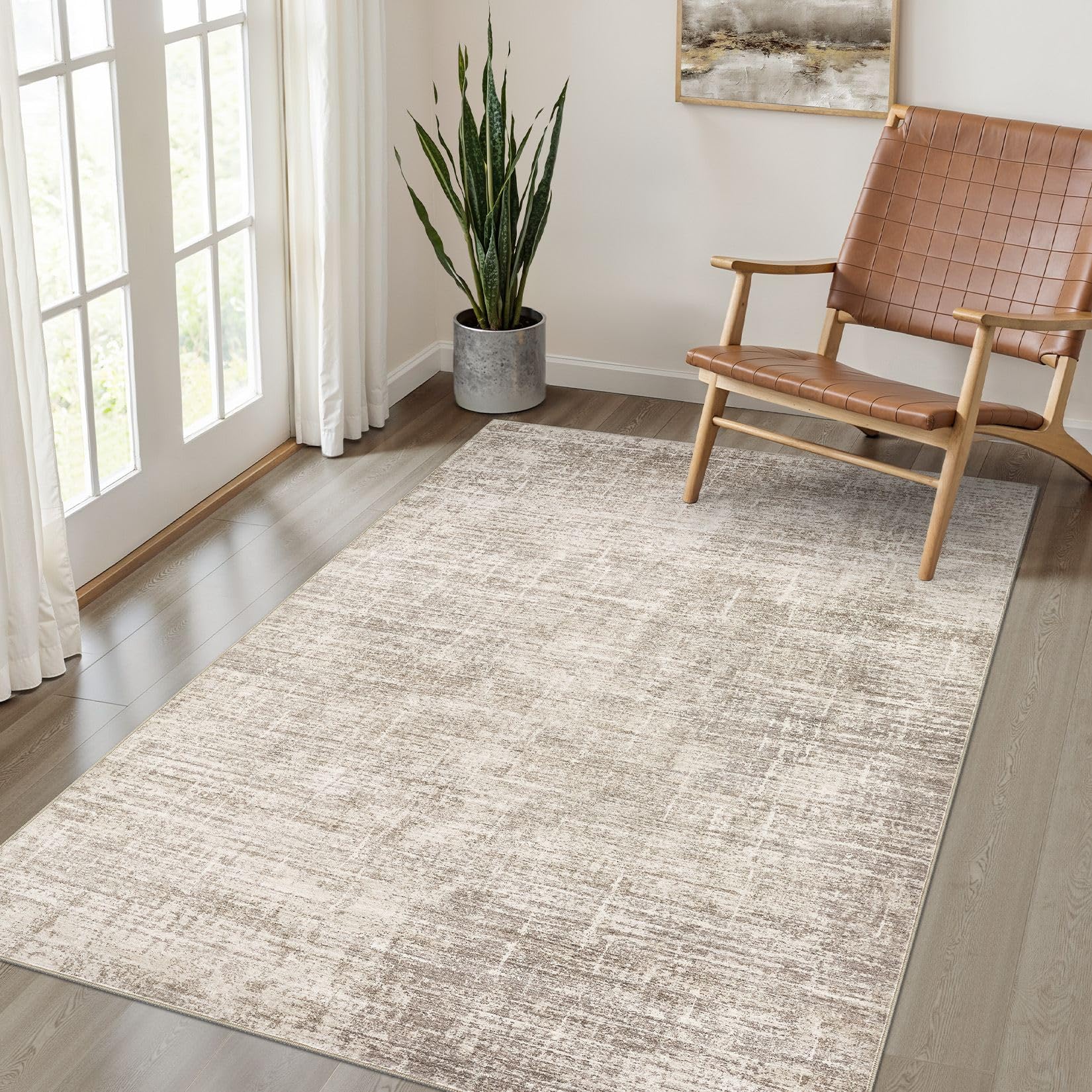 8x10 Area Rugs Living Room: Washable Large Neutral Brown Rug Abstract Soft Modern Stain Resistant Indoor Floor Non-Slip Carpet for Bedroom Nursery Kids Office Playroom Dining Room Under Table Home