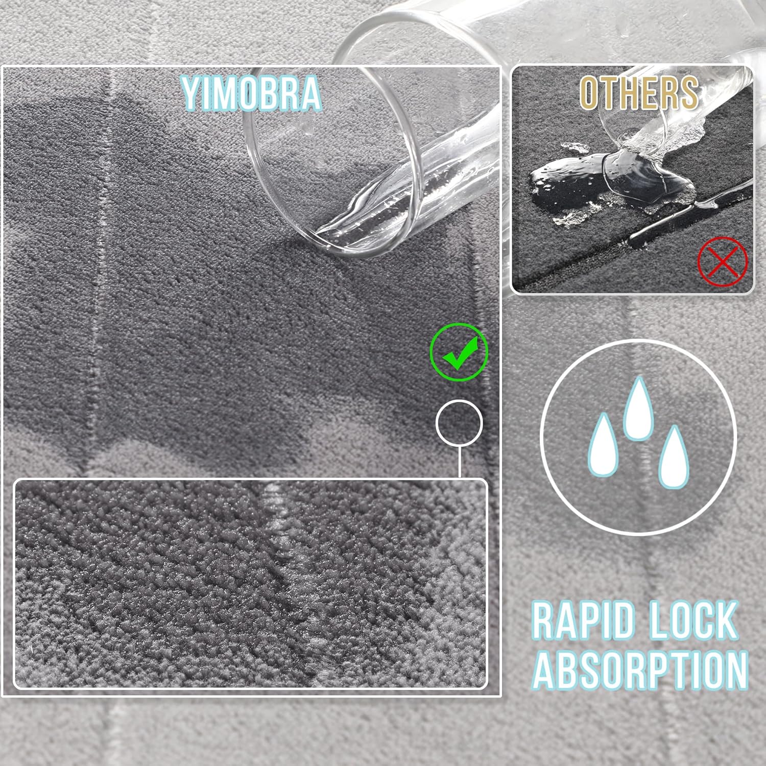 Yimobra Memory Foam Bath Mat Set 2 Piece - Super Soft Absorbent Quick Dry Bathroom Toilet Rugs, Machine Washable Non Slip Floor Carpet for Tub Shower & Single Sink (31.5x20 & 24x20, Gray)