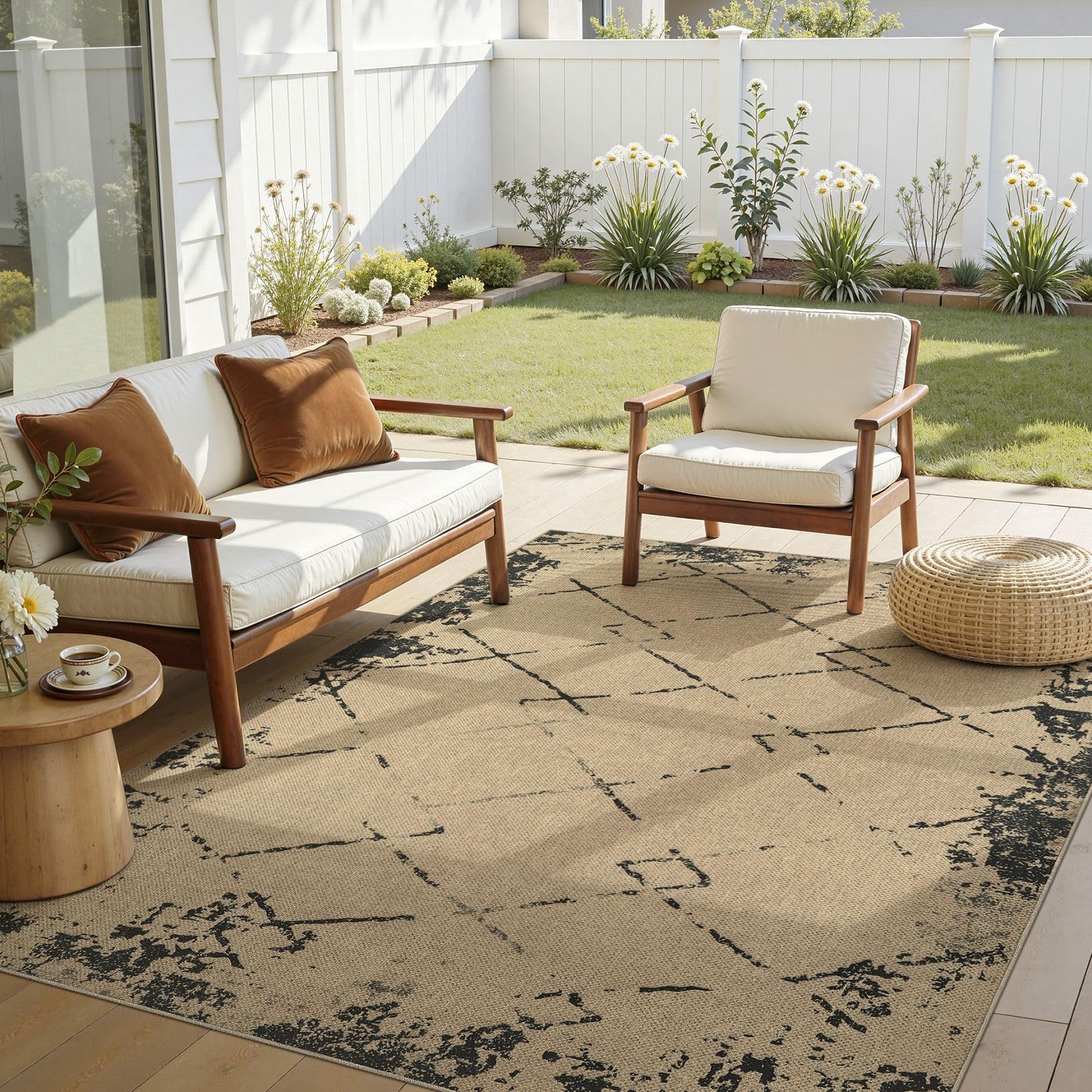 5x7 Outdoor Jute Area Rug Patio, Farmhouse Rugs for Living Room Backyard Machine Washable Non Slip, Pet Friendly Indoor Geometric Carpet for Dining Room - Brown