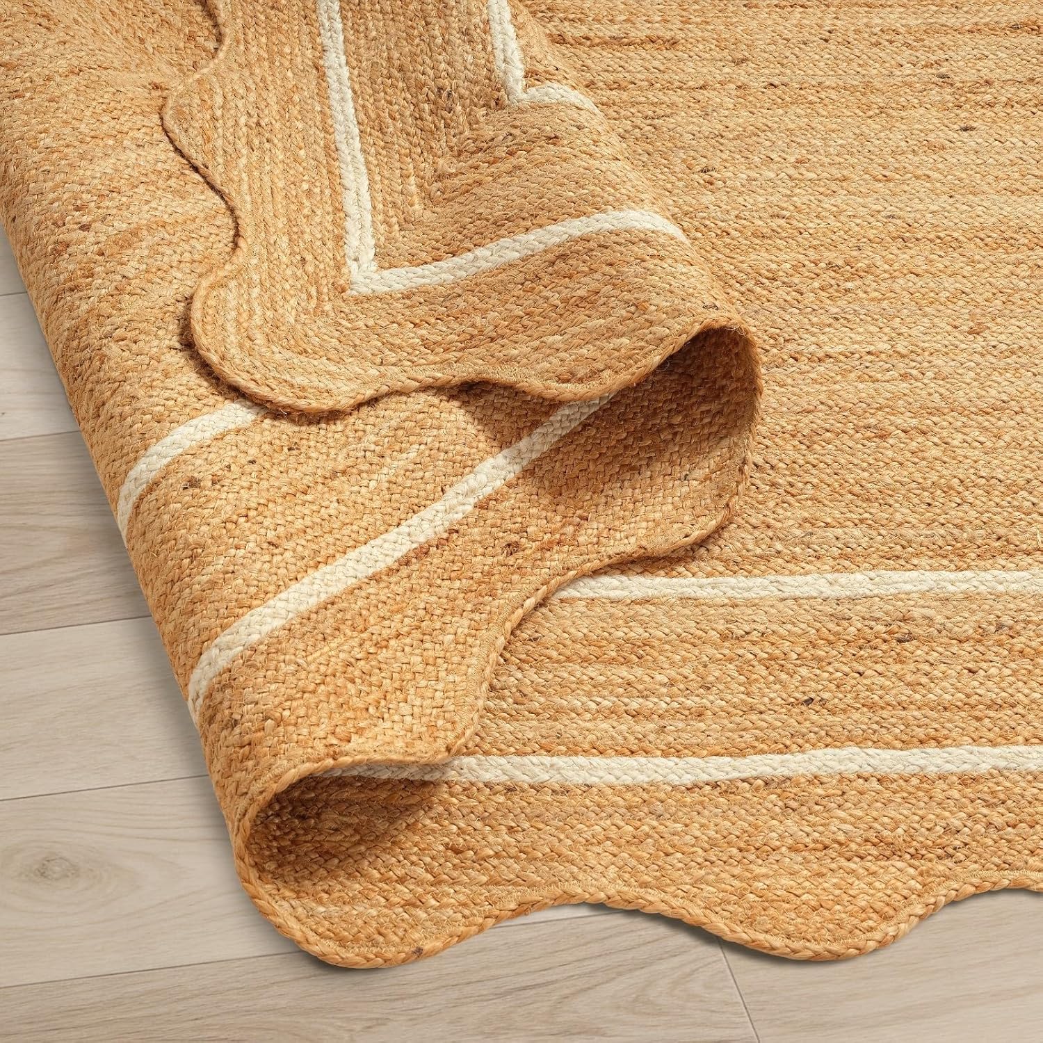 GRUHUM Jute Area Rug 6'x9' ft Wave Scalloped Natural Ivory Border Handwoven Boho Reversible Rustic Vintage Farmhouse Soft Braided EcoFriendly Rug - Indoor Livingroom Bedroom Hallways 6x9 ft Large