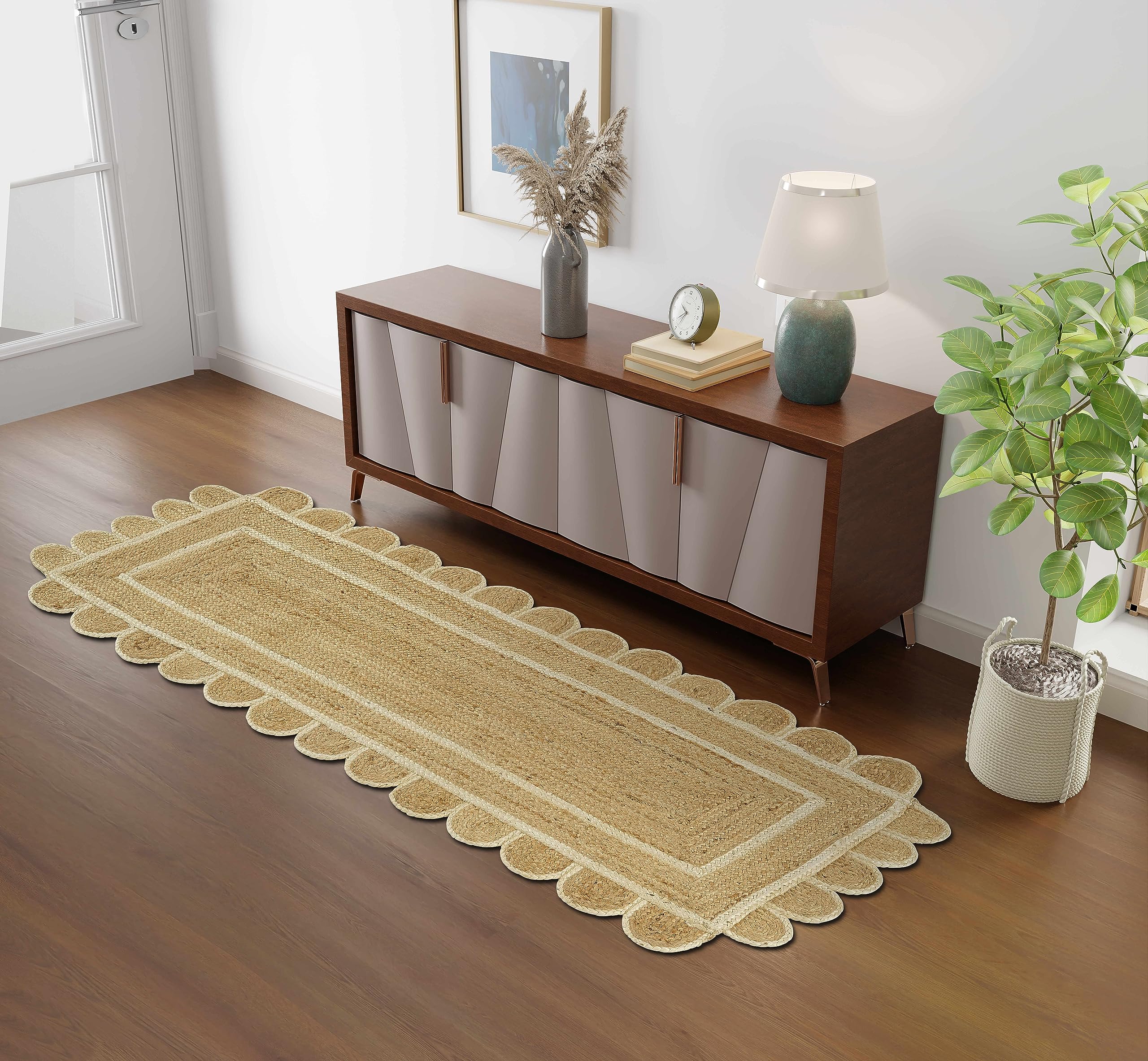 GRUHUM Jute Area Rug 6'x9' ft Wave Scalloped Natural Ivory Border Handwoven Boho Reversible Rustic Vintage Farmhouse Soft Braided EcoFriendly Rug - Indoor Livingroom Bedroom Hallways 6x9 ft Large