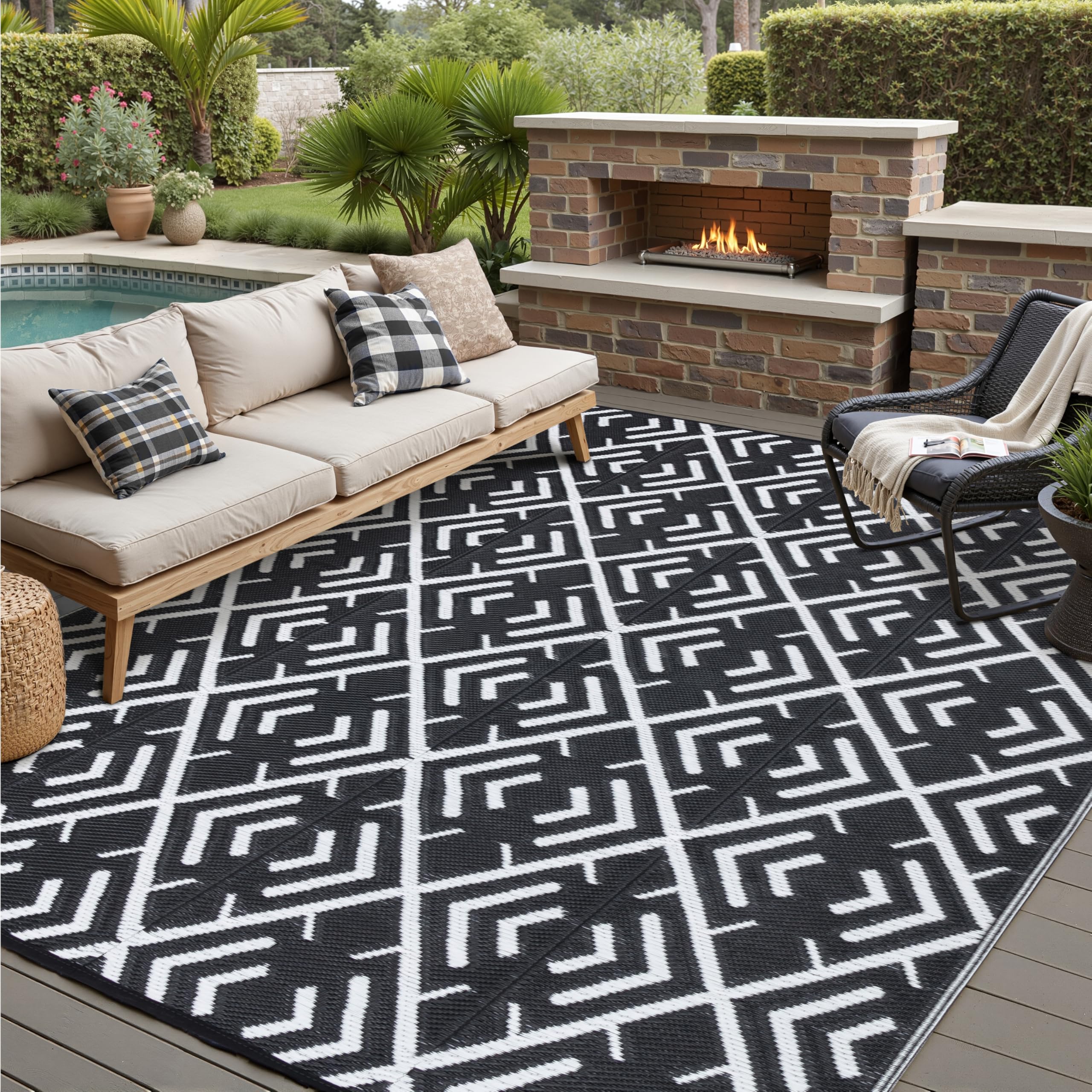 HUGEAR Outdoor Rug for Patios Clearance,Waterproof Mat,Large Outside Carpet,Reversible Plastic Straw Camping Rugs,Rv,Porch,Deck,Camper,Balcony,Backyard (9x12,Checkered/Black&Beige)