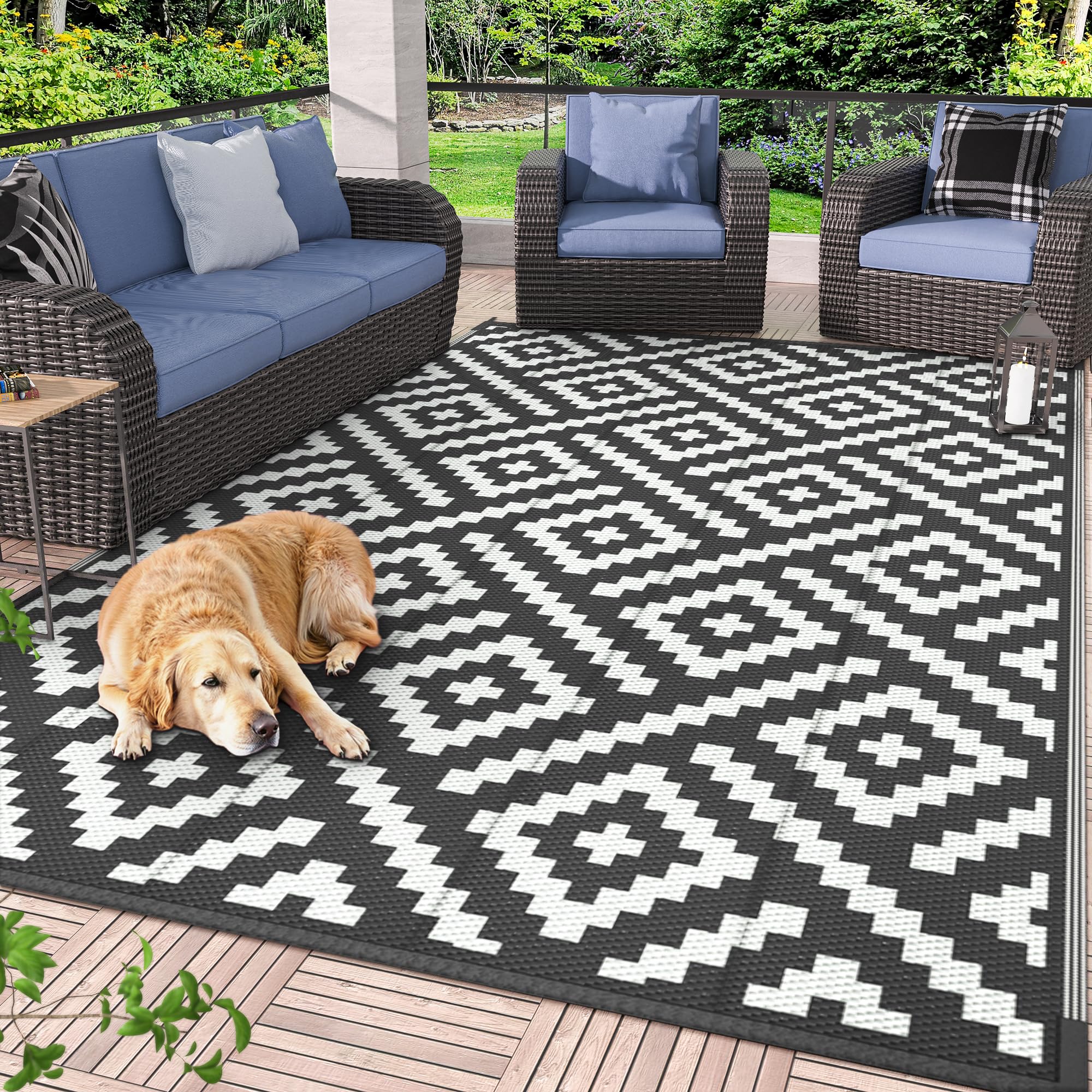 GENIMO Outdoor Rug for Patio Clearance,6'x9' Waterproof Mat,Reversible Plastic Camping Rugs,Rv,Deck,Porch,Camper,Balcony,Backyard (Black & Beige)