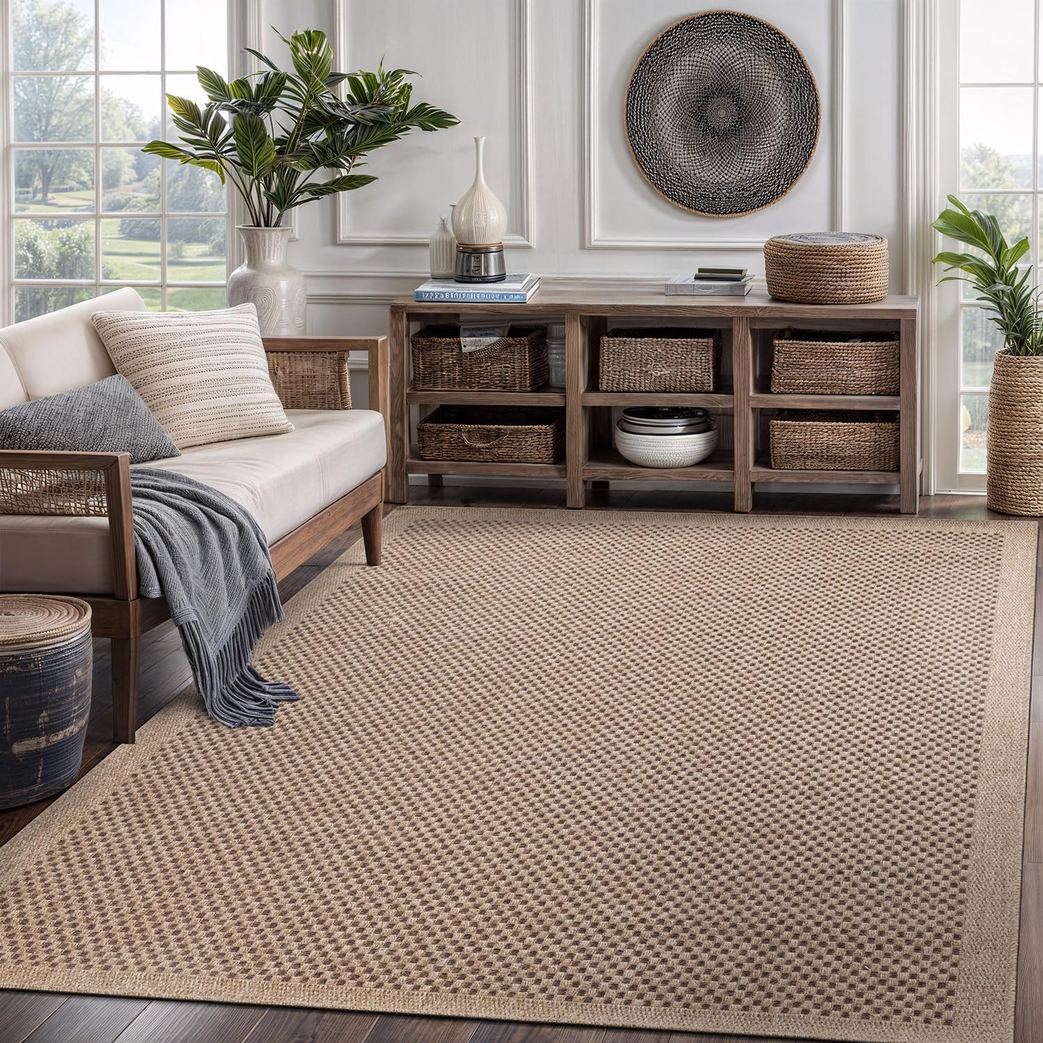 CAMILSON Easy Jute Rug 5x7, Indoor Outdoor Natural Color Fiber Area Rugs for Living Room Patio and Kitchen Rug Herringbone Seagrass Woven Design Easy-Cleaning Washable Outside Carpet Alfombras 5 x 7